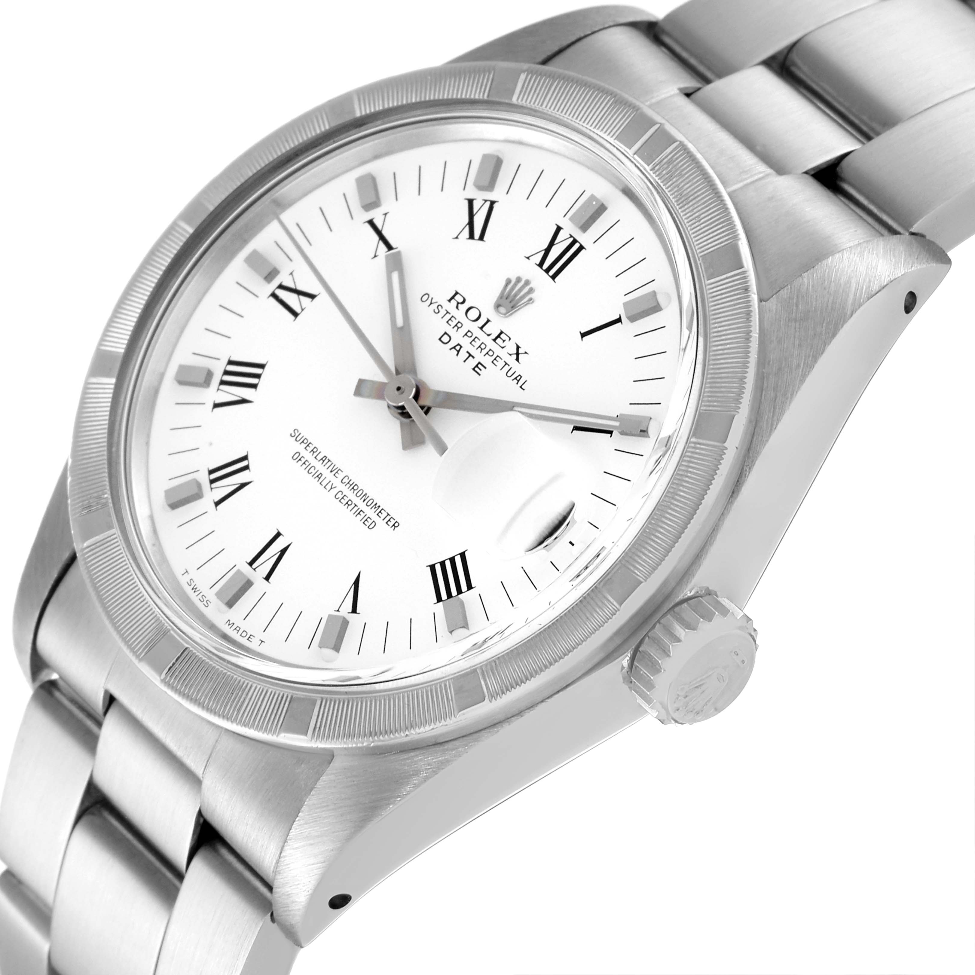 The image shows a Rolex Vintage Collection 15010 Men's Stainless Steel White Dial 15010 Men's Stainless Steel White Dial Oyster Perpetual Date watch from an angled side view, highlighting the dial and part of the bracelet.