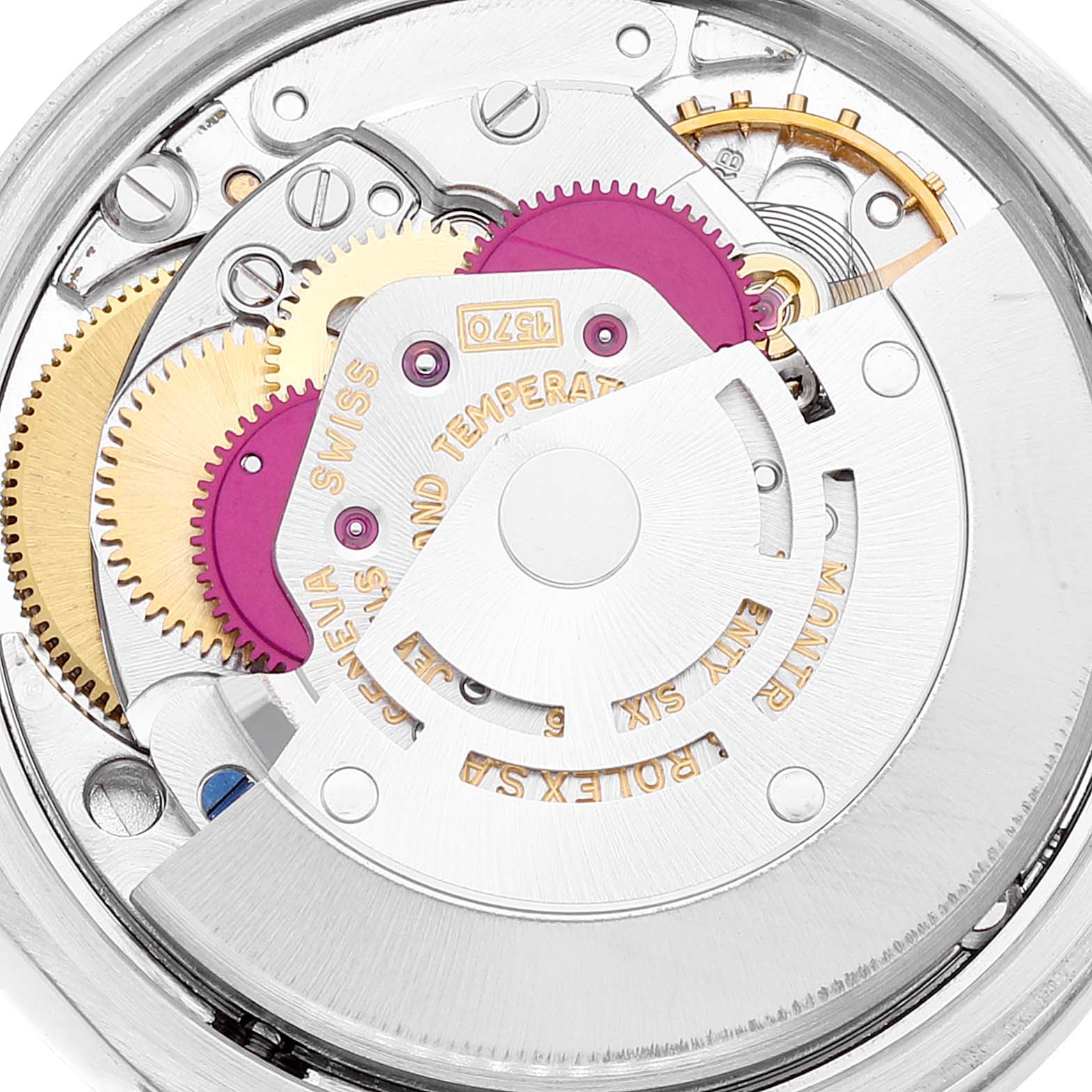 The image shows the internal mechanical components of a Vintage Collection model Rolex watch from a top-down angle.