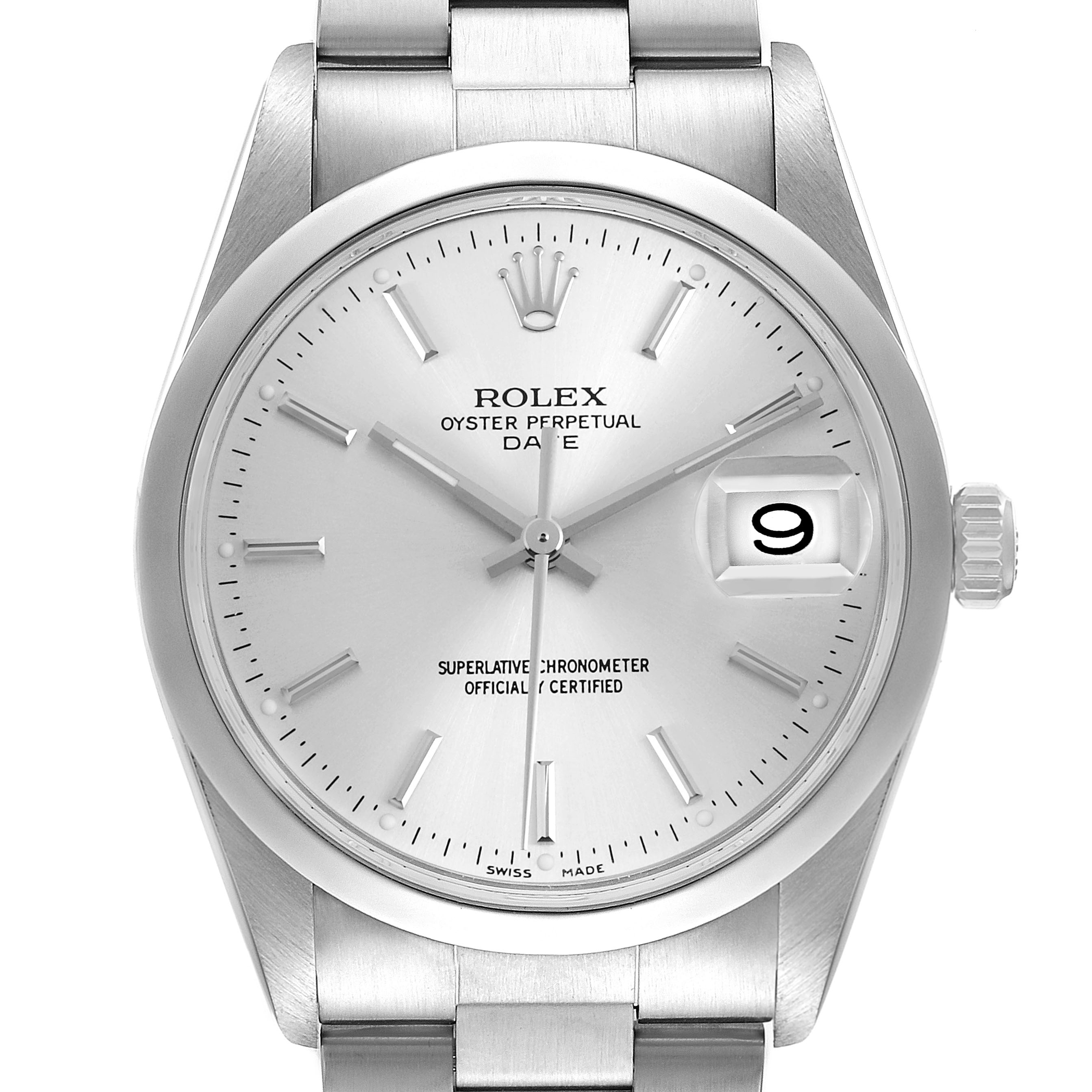 The Rolex Date 15200 Men's Stainless Steel Silver Dial watch is shown from the front, displaying the dial, hands, date, and part of the bracelet.