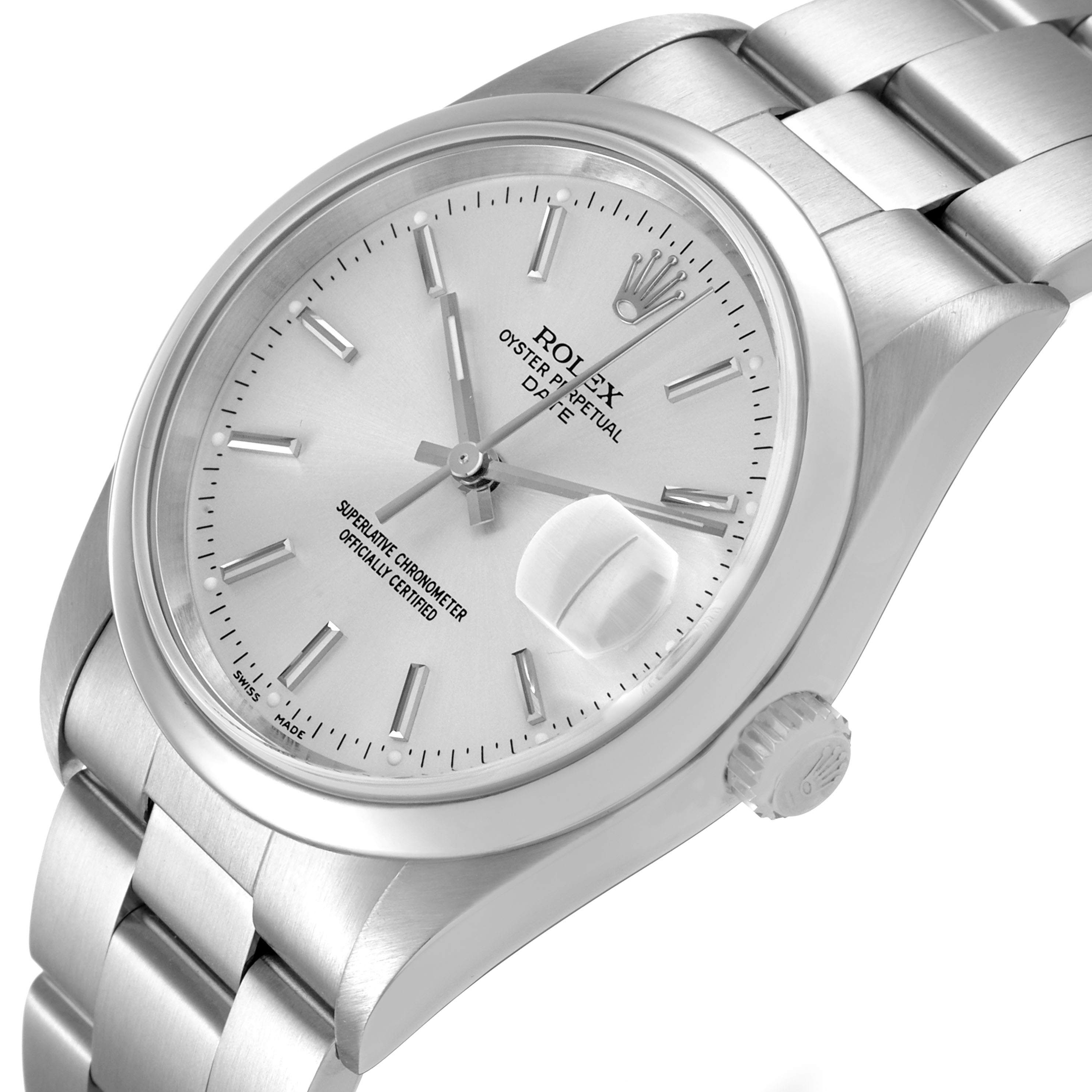 The Rolex Date 15200 Men's Stainless Steel Silver Dial watch is shown at a three-quarter angle, displaying the dial, case, crown, and part of the bracelet.