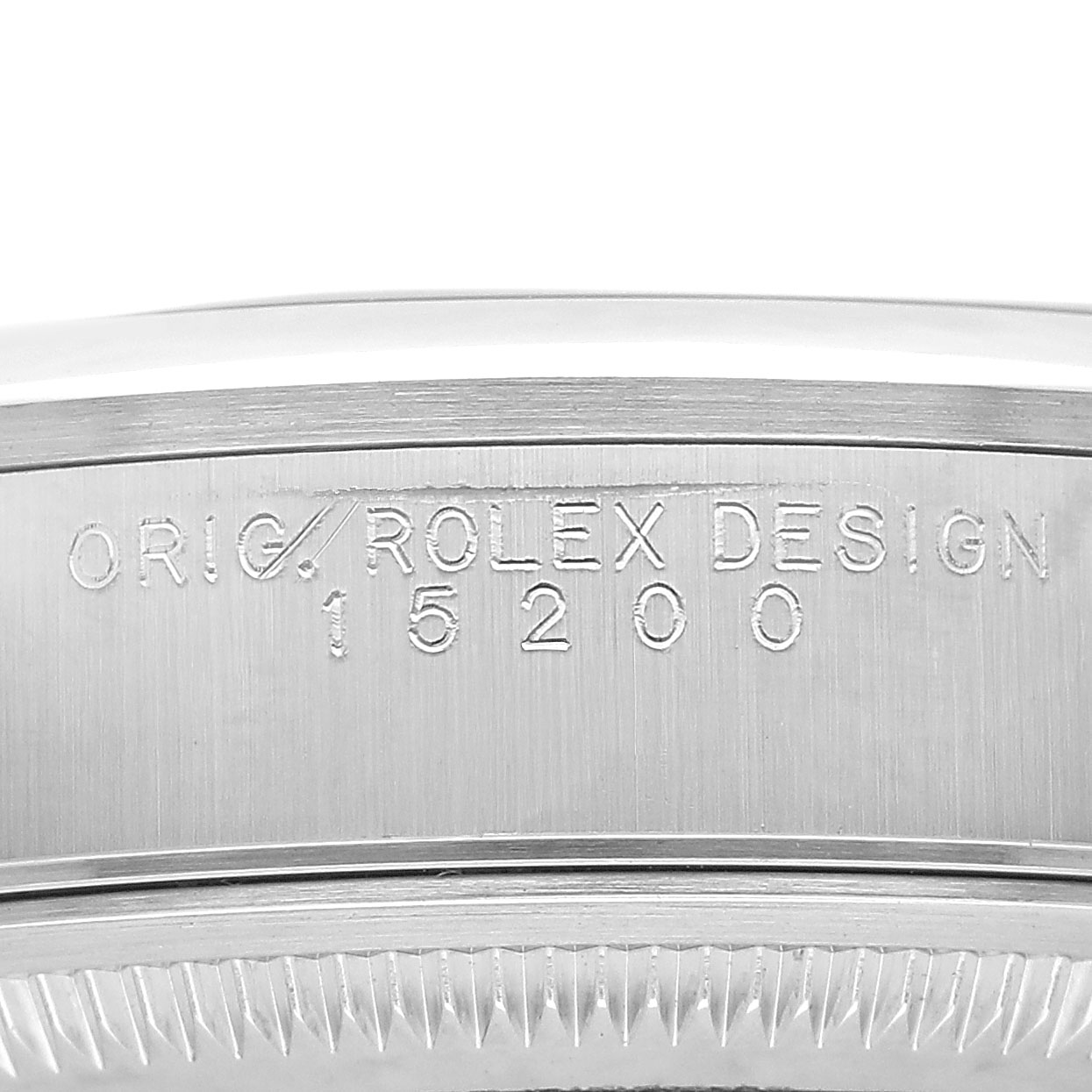 The image shows the case side of a Rolex Date 15200 Men's Stainless Steel Silver Dial model, highlighting the engraved model number "15200."