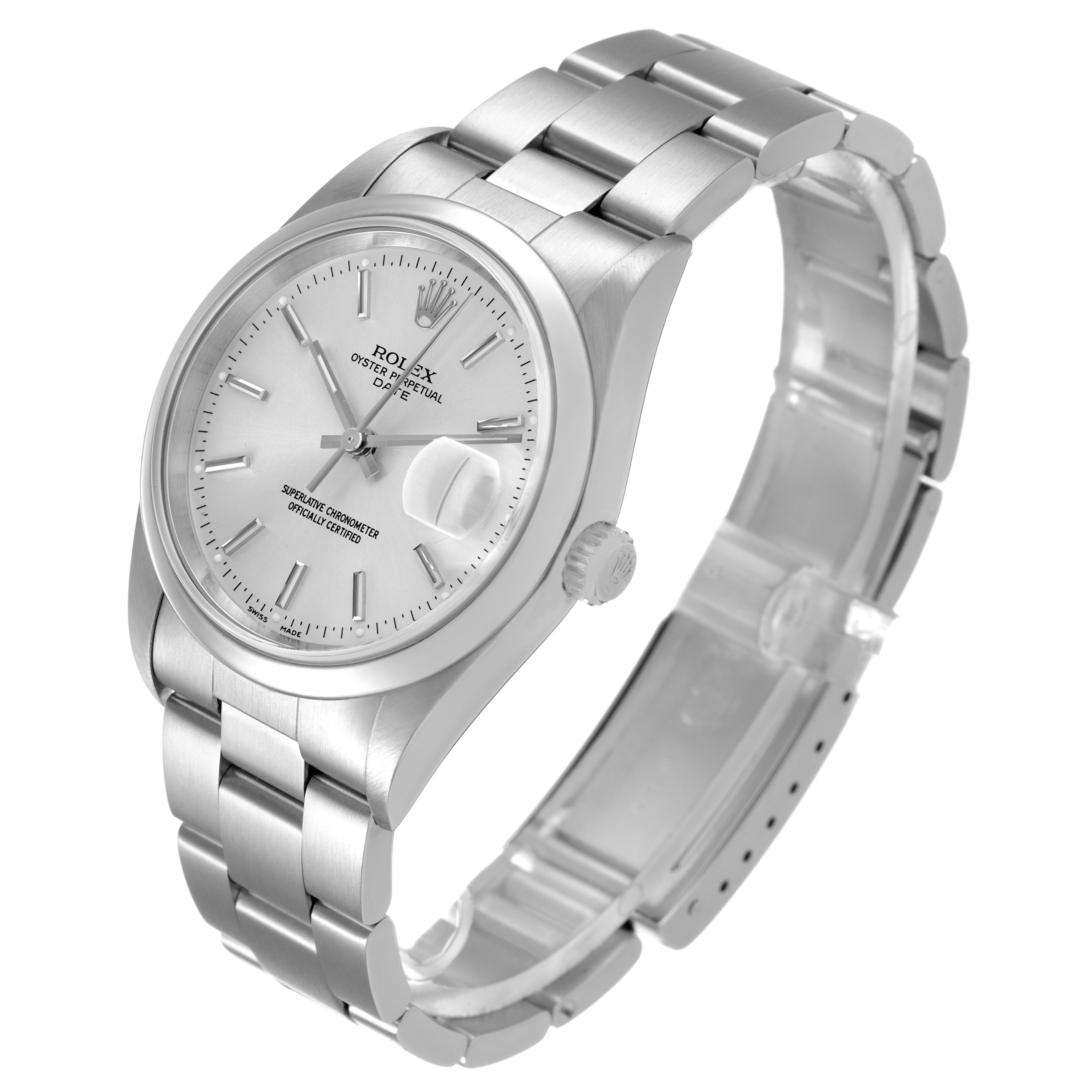 The Rolex Date 15200 Men's Stainless Steel Silver Dial watch is shown at a three-quarter angle, highlighting its dial, bezel, crown, and bracelet.