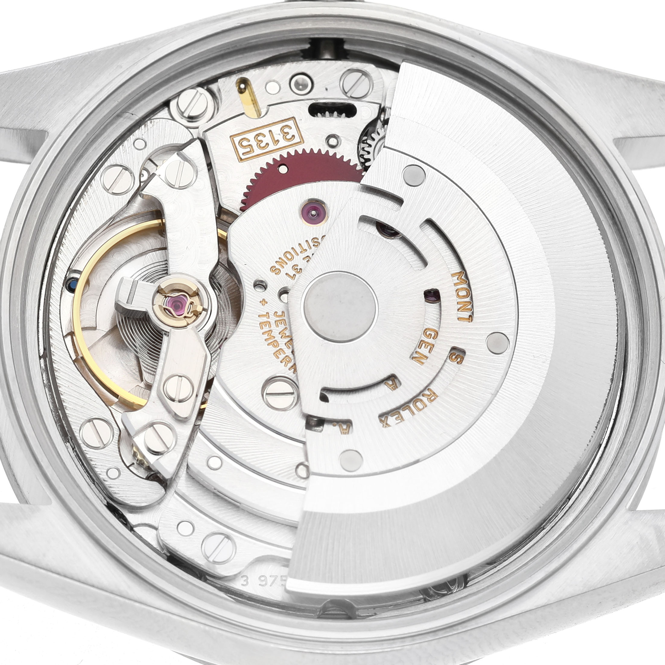 The image shows the movement of a Rolex Date 15200 Men's Stainless Steel Silver Dial model, highlighting the rotor and gear train from a rear angle.