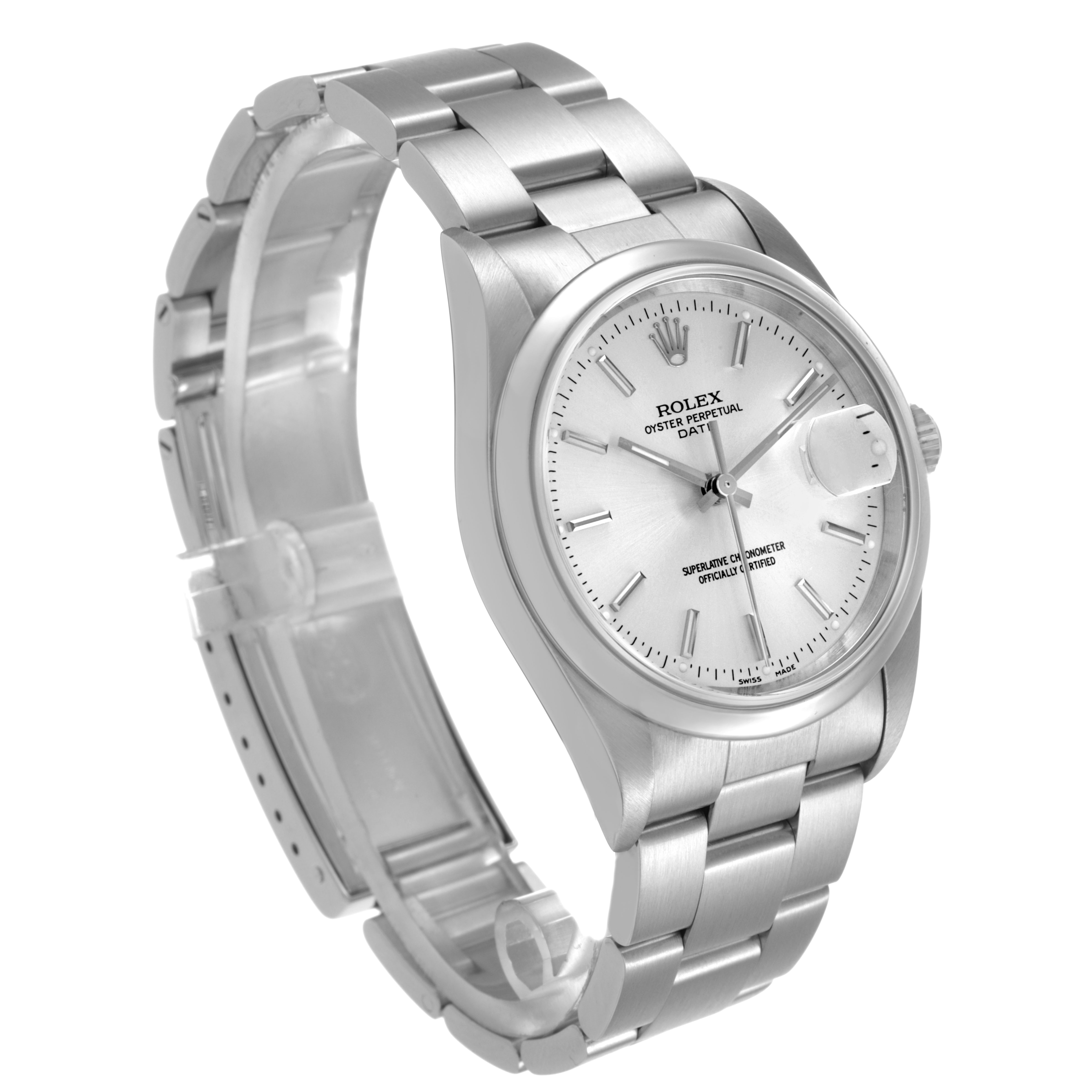 The image shows a Rolex Date 15200 Men's Stainless Steel Silver Dial watch at a three-quarter angle, highlighting the dial, bracelet, and clasp.