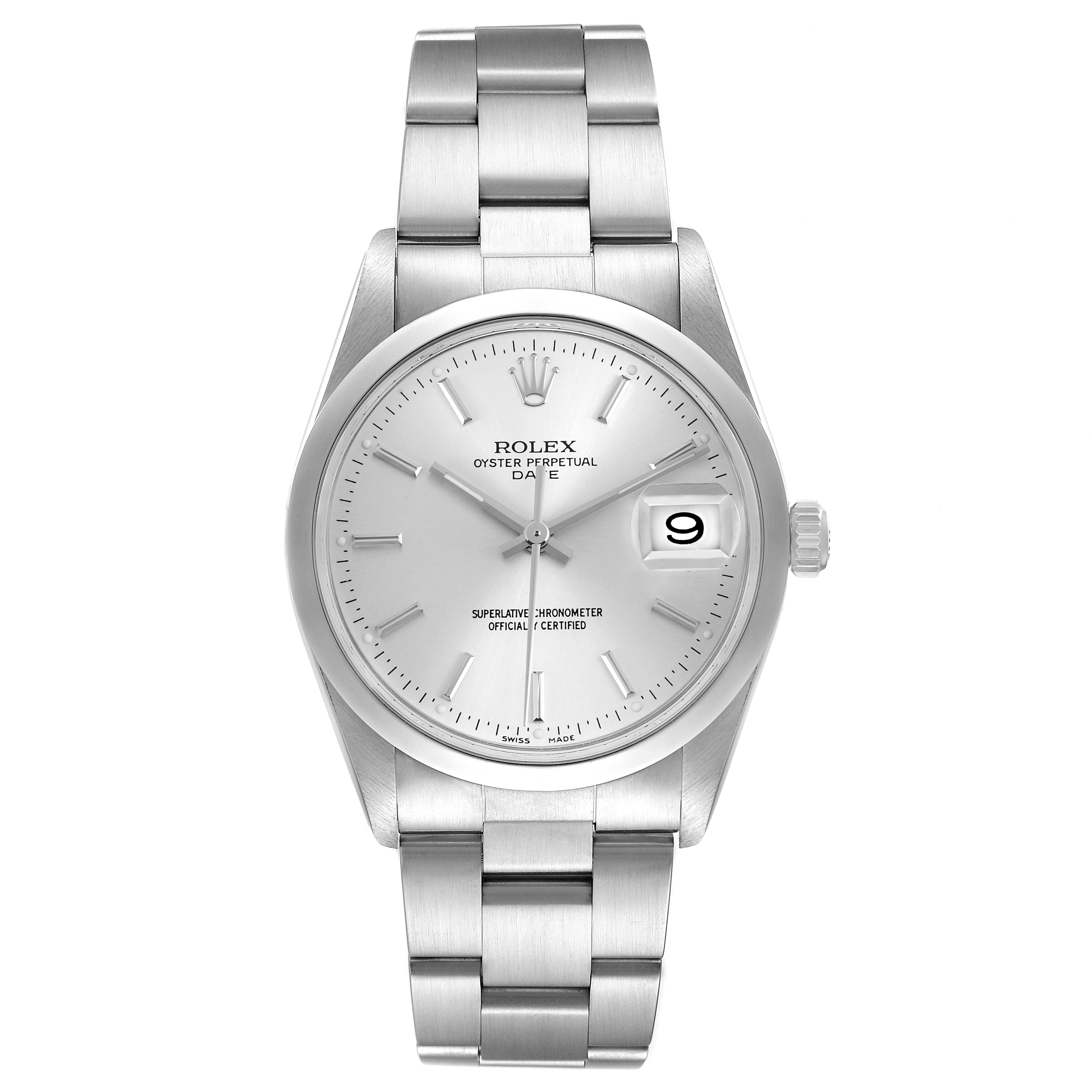 The Rolex Date 15200 Men's Stainless Steel Silver Dial model is shown from a front angle, displaying the dial, bezel, and bracelet.