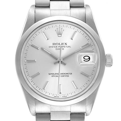 The Rolex Date 15200 Men's Stainless Steel Silver Dial model watch is shown from a straight-on angle, highlighting the dial, hands, date window, and bracelet.