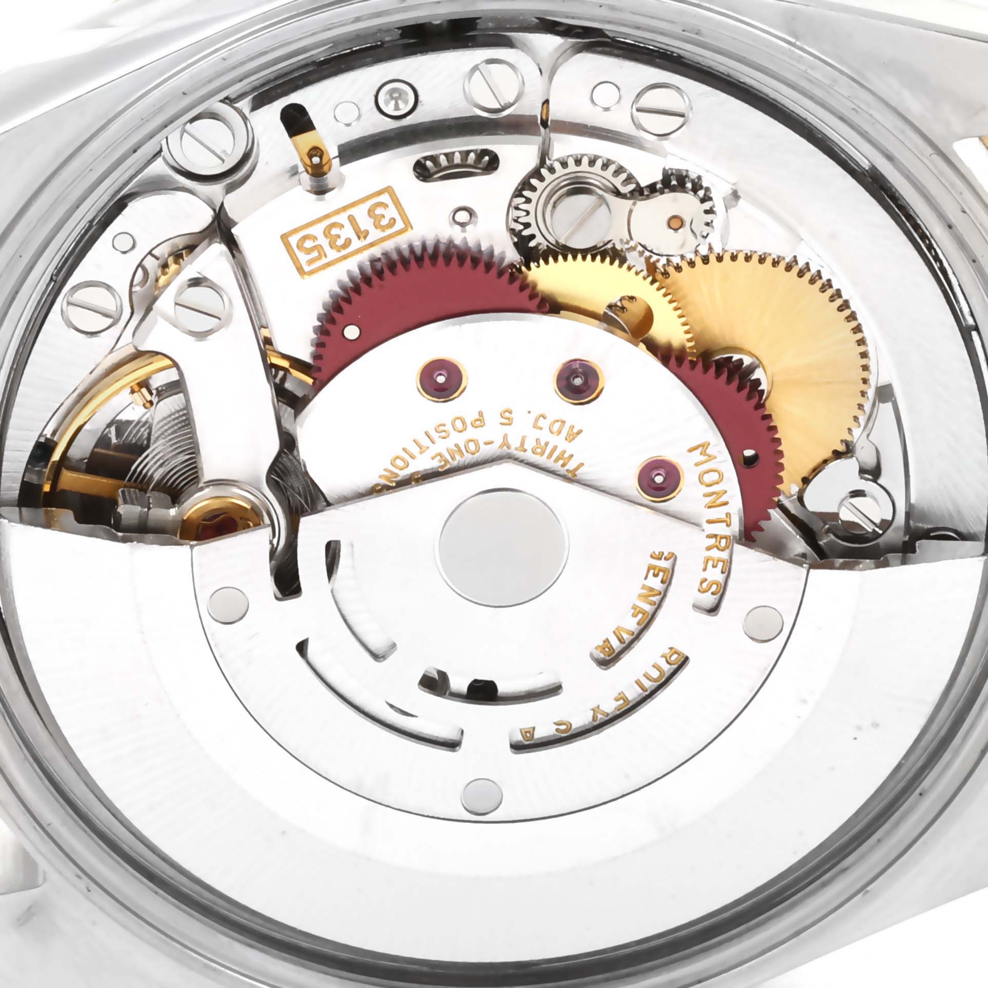 The image shows the inner mechanical movement of a Rolex Date 15203 Men's Steel and Gold (two tone) White Dial 15203 Men's Steel and Gold (two tone) White Dial model watch, viewed from the back case.