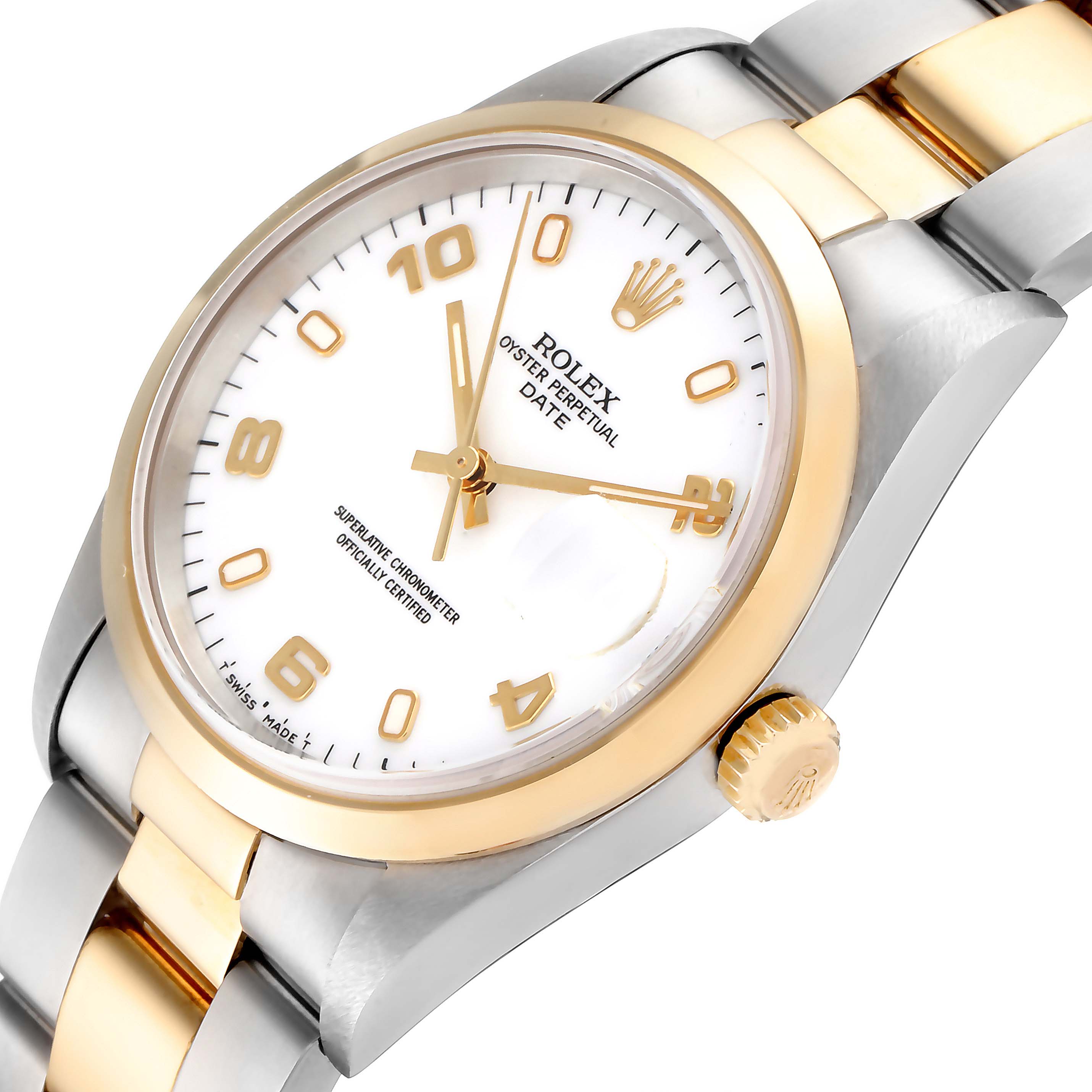 This image shows a close-up view of a Rolex Date 15203 Men's Steel and Gold (two tone) White Dial 15203 Men's Steel and Gold (two tone) White Dial model, highlighting the dial, crown, and part of the bracelet.