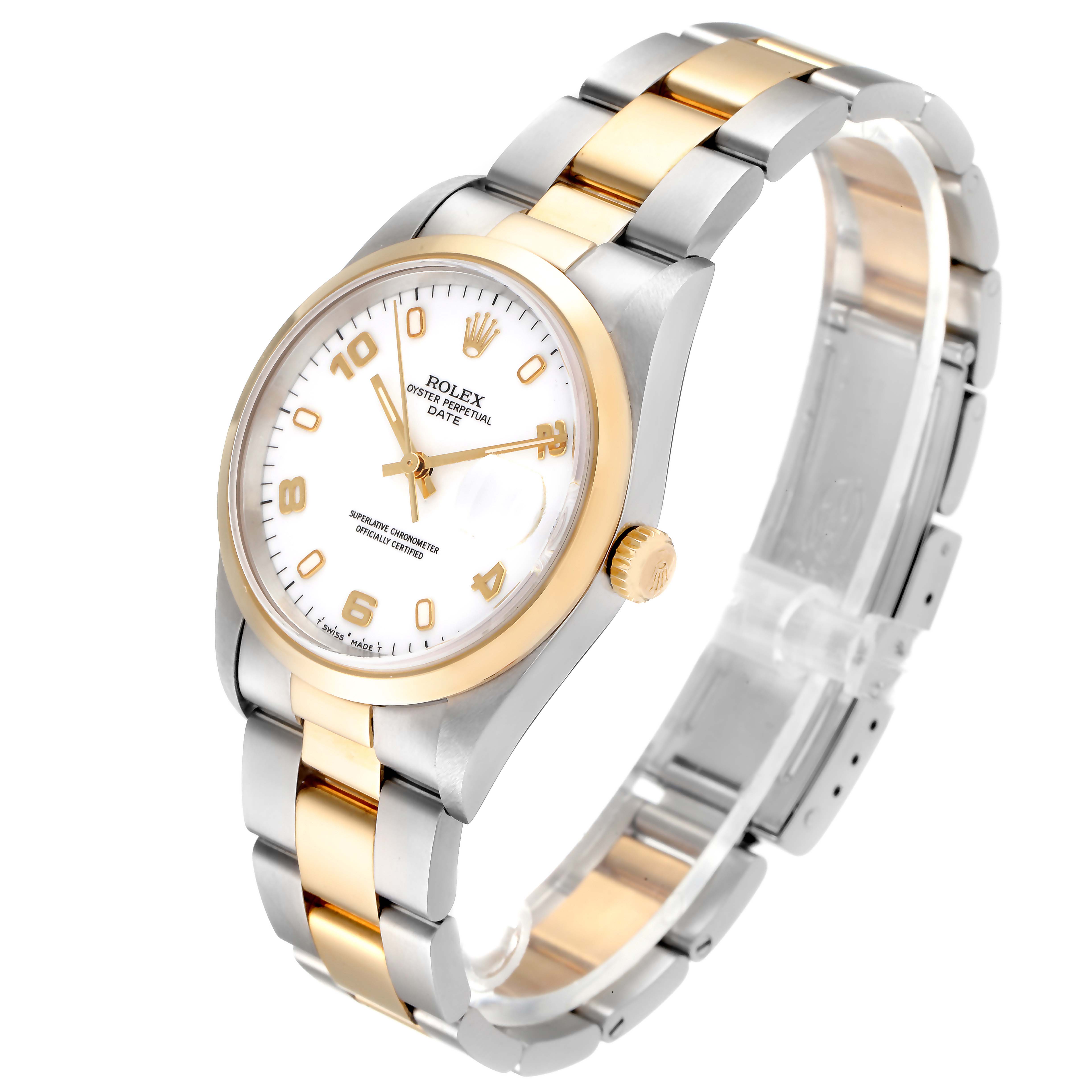 The Rolex Date 15203 Men's Steel and Gold (two tone) White Dial 15203 Men's Steel and Gold (two tone) White Dial model watch is shown at an angled view, highlighting the gold bezel, stainless steel and gold bracelet, dial, and crown.