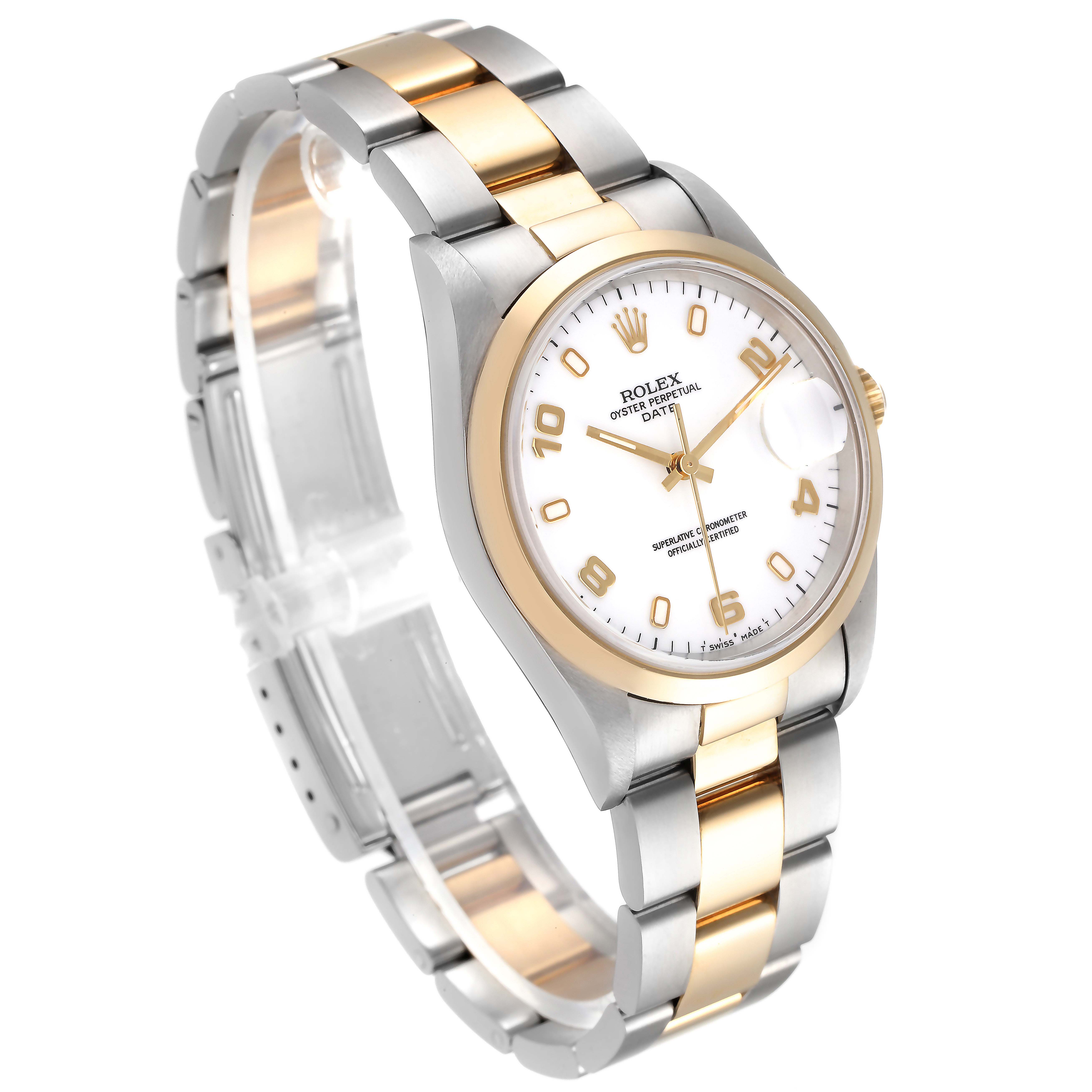 The Rolex Date 15203 Men's Steel and Gold (two tone) White Dial 15203 Men's Steel and Gold (two tone) White Dial model watch is shown at a three-quarter angle, highlighting the dial, bracelet, and clasp.