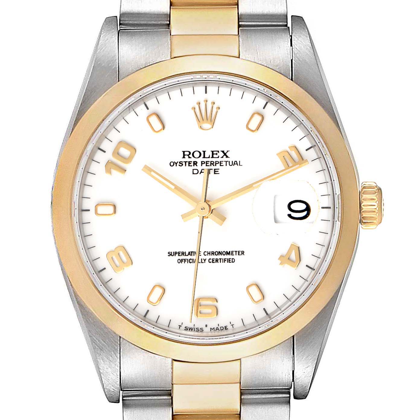 The image shows a front view of a Rolex Oyster Perpetual Date watch, highlighting its dial, bezel, and bracelet.