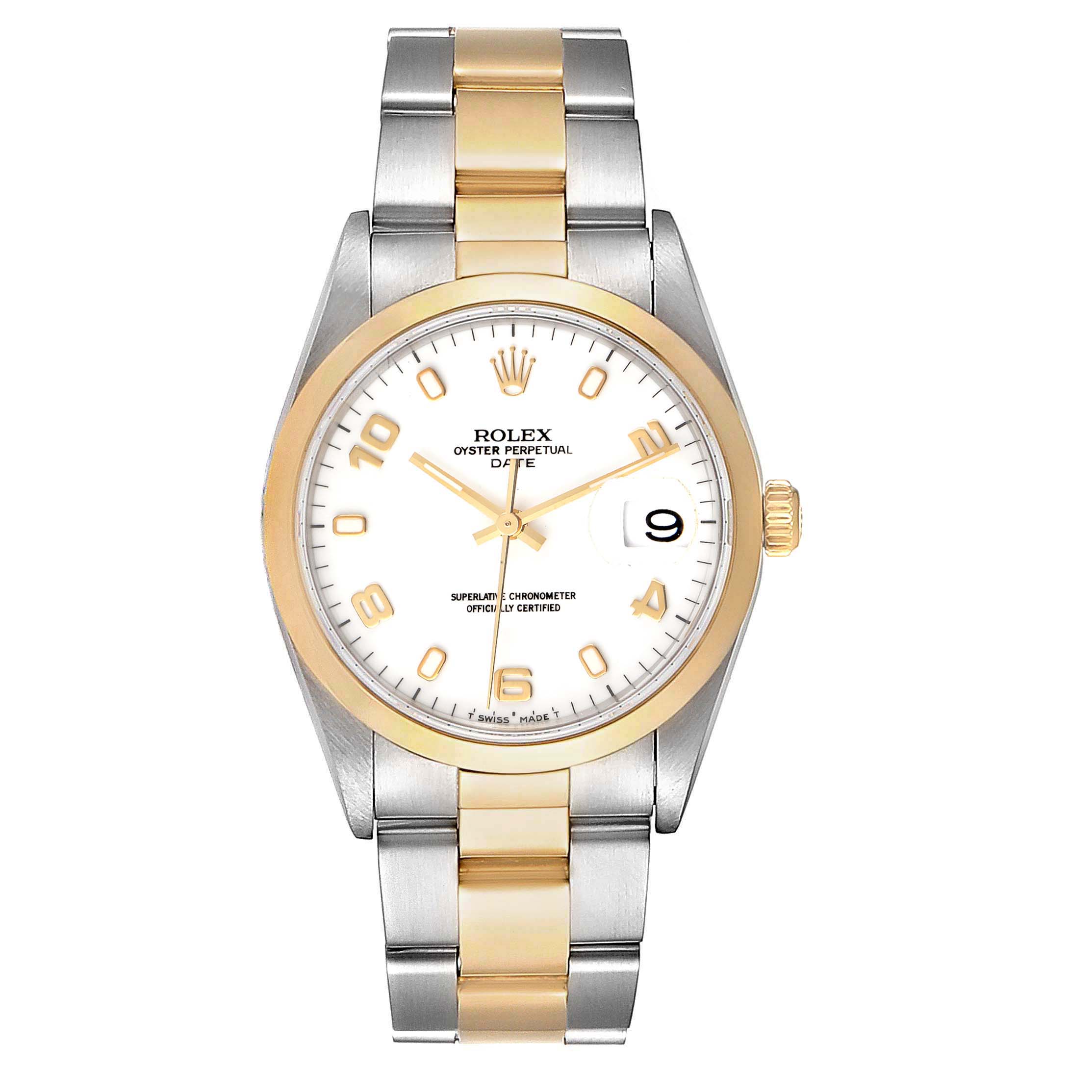 The image shows a front view of a Rolex Date 15203 Men's Steel and Gold (two tone) White Dial 15203 Men's Steel and Gold (two tone) White Dial model watch, featuring a two-tone bracelet and a white dial with gold accents.