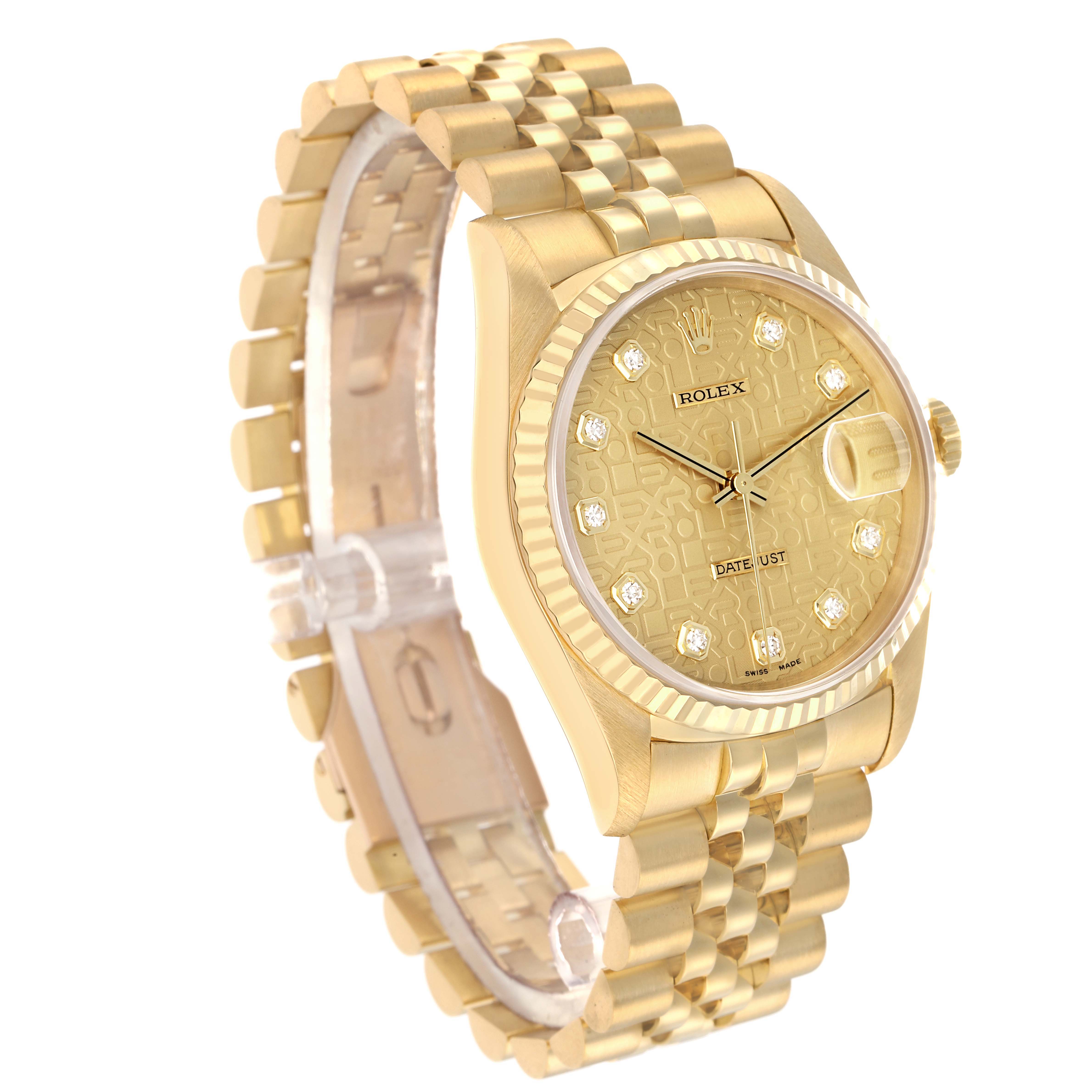 The Rolex Datejust 16238 Men
s Yellow Gold Champagne Dial watch is shown at a three-quarter angle, displaying the gold dial, fluted bezel, and Jubilee bracelet.