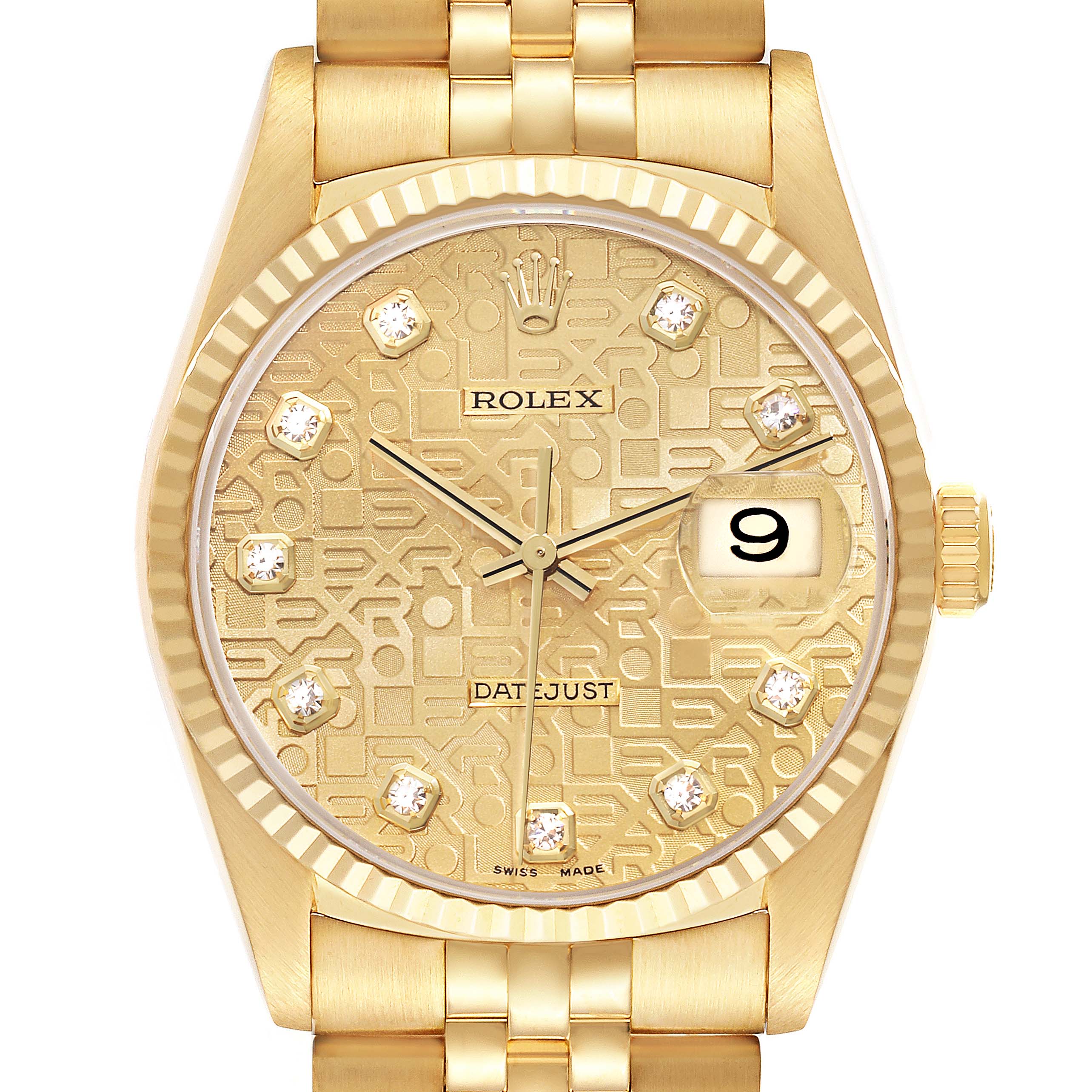 The Rolex Datejust 16238 Men
s Yellow Gold Champagne Dial watch is shown front-facing, displaying the dial, hands, date window, bezel, and part of the bracelet.