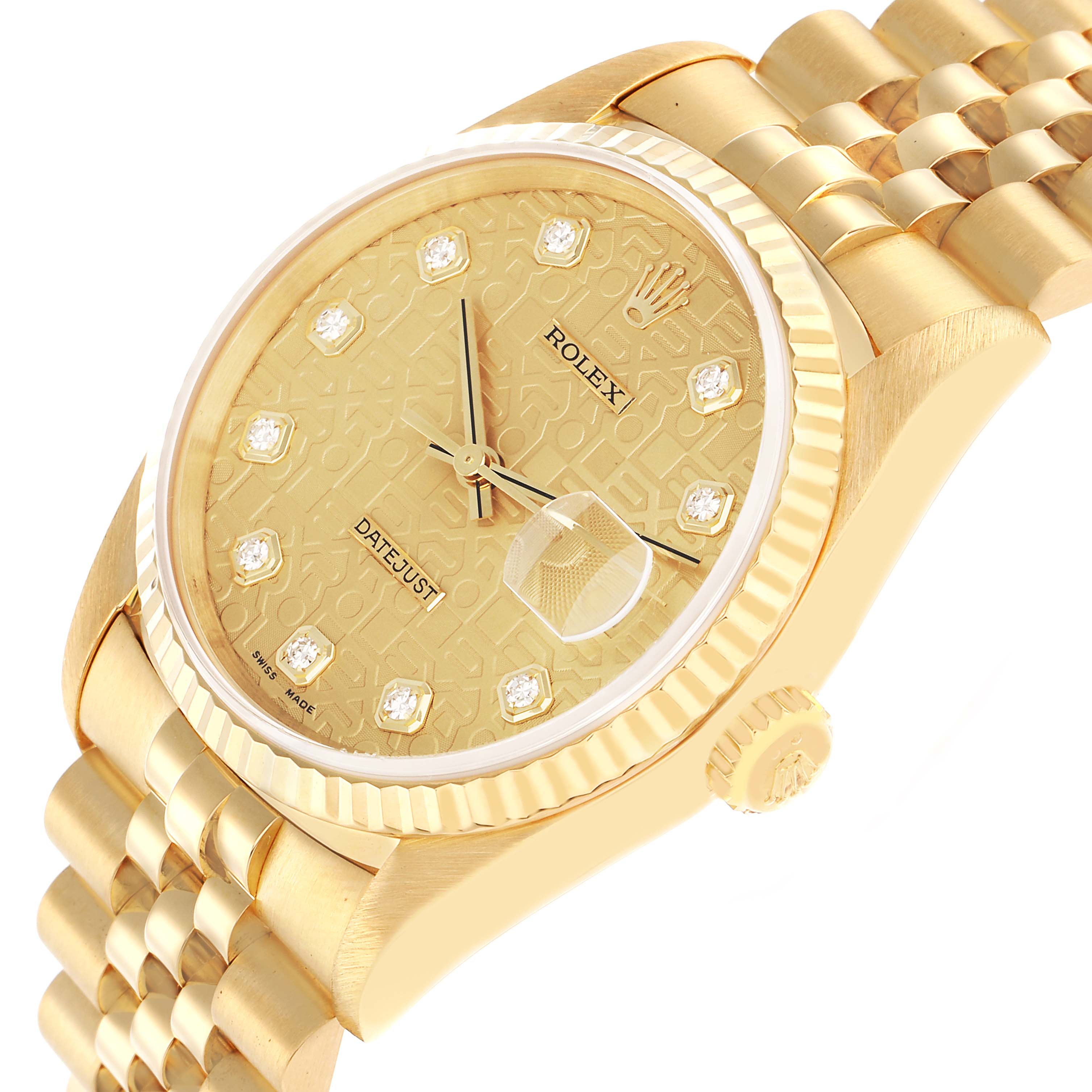 The Rolex Datejust 16238 Men
s Yellow Gold Champagne Dial watch is shown from a side angle, displaying the dial, bezel, crown, and part of the bracelet.