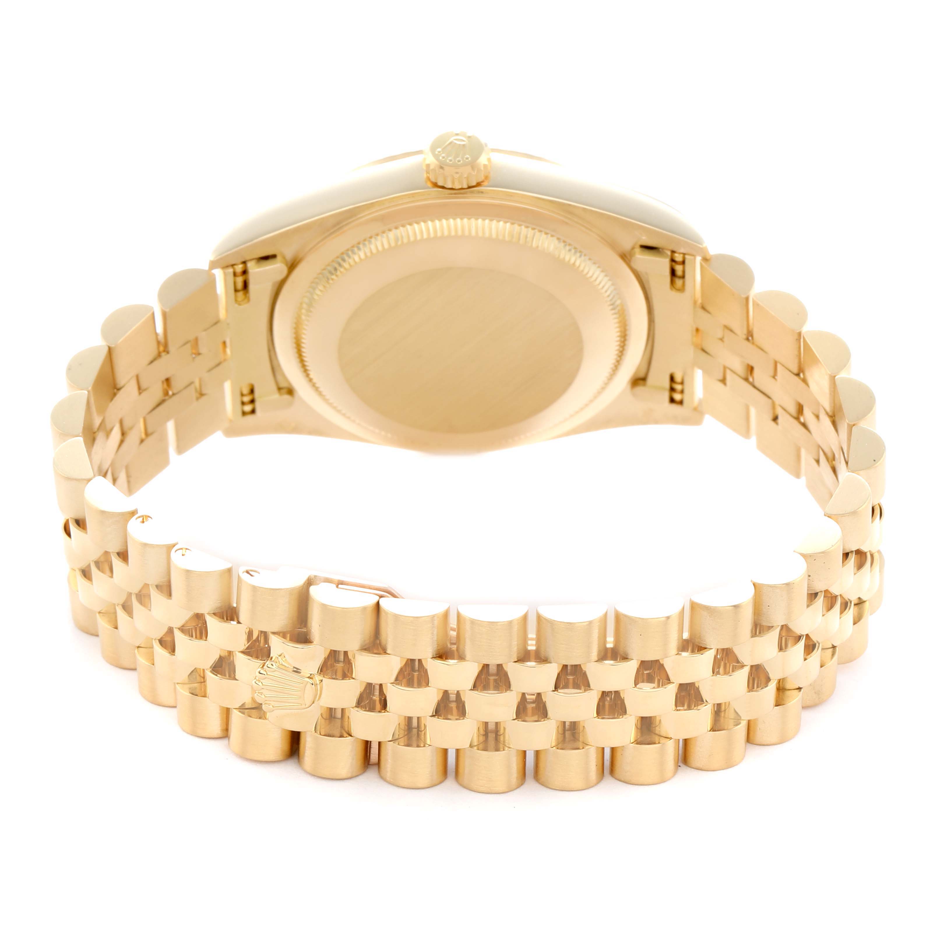 The image shows the back side and bracelet of a Rolex Datejust 16238 Men
s Yellow Gold Champagne Dial, with the case back, crown, and Jubilee bracelet visible.