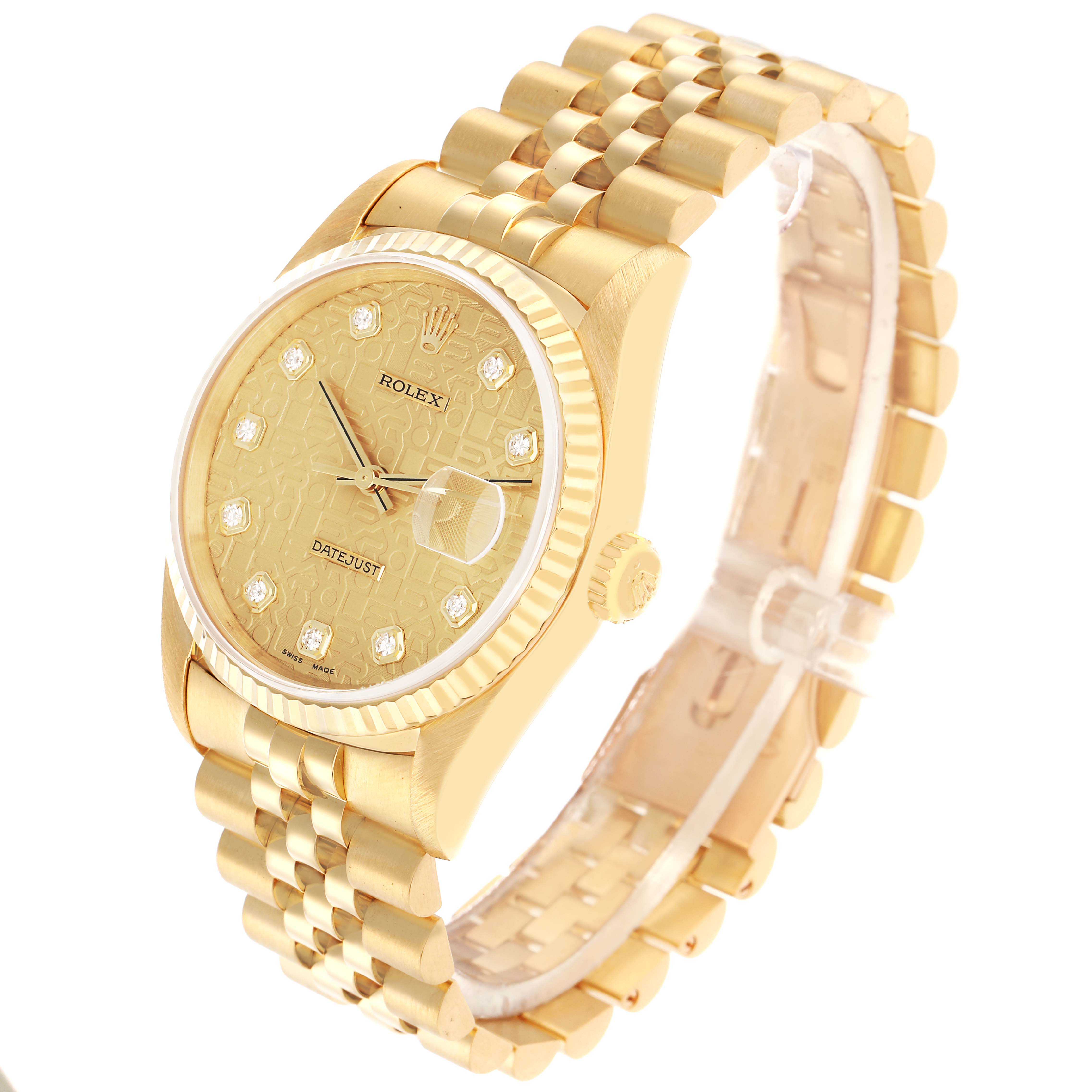The Rolex Datejust 16238 Men
s Yellow Gold Champagne Dial watch is shown in a three-quarter angle, highlighting the dial, bezel, crown, and bracelet.