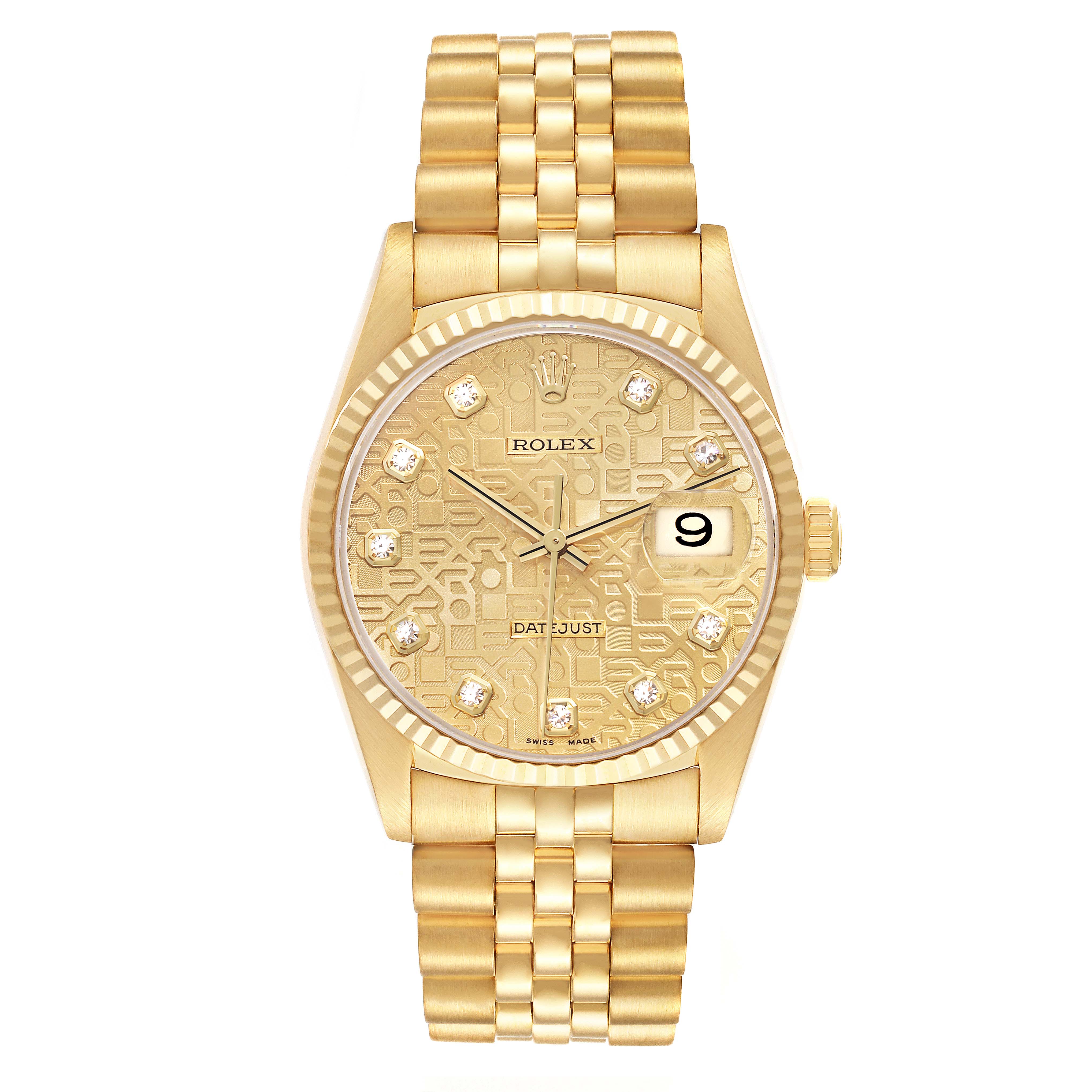 The Rolex Datejust 16238 Men
s Yellow Gold Champagne Dial watch is shown from the front, highlighting the dial, bracelet, and fluted bezel.