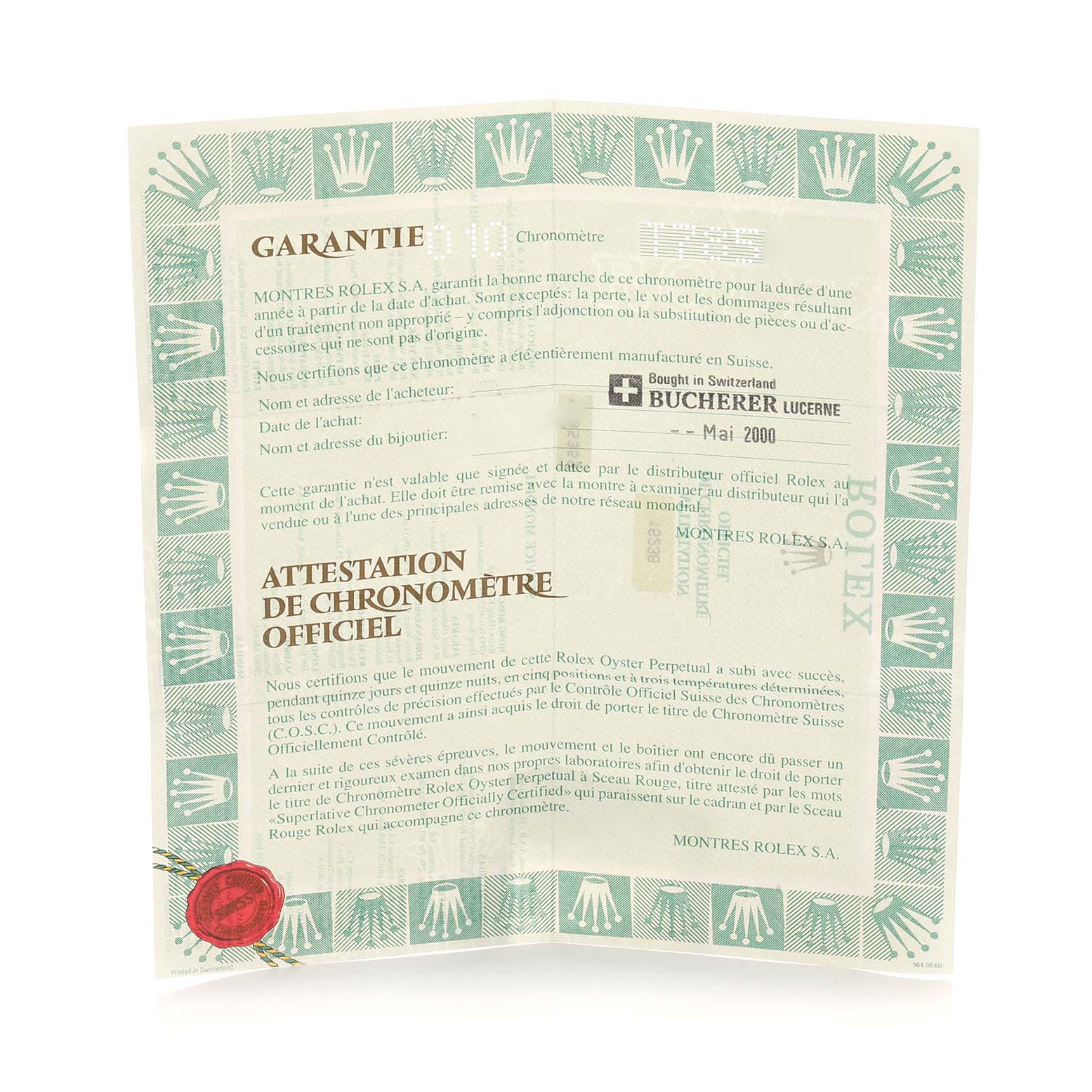 The image shows a warranty certificate for a Rolex Datejust 16238 Men
s Yellow Gold Champagne Dial, featuring official documentation and branding symbols.