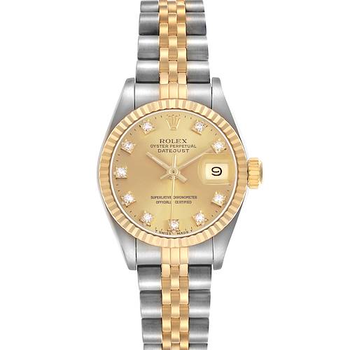The Rolex Datejust 69173 Women's Steel and Gold (two tone) Champagne Dial watch is shown from a top-down angle, displaying the dial, bezel, and bracelet.