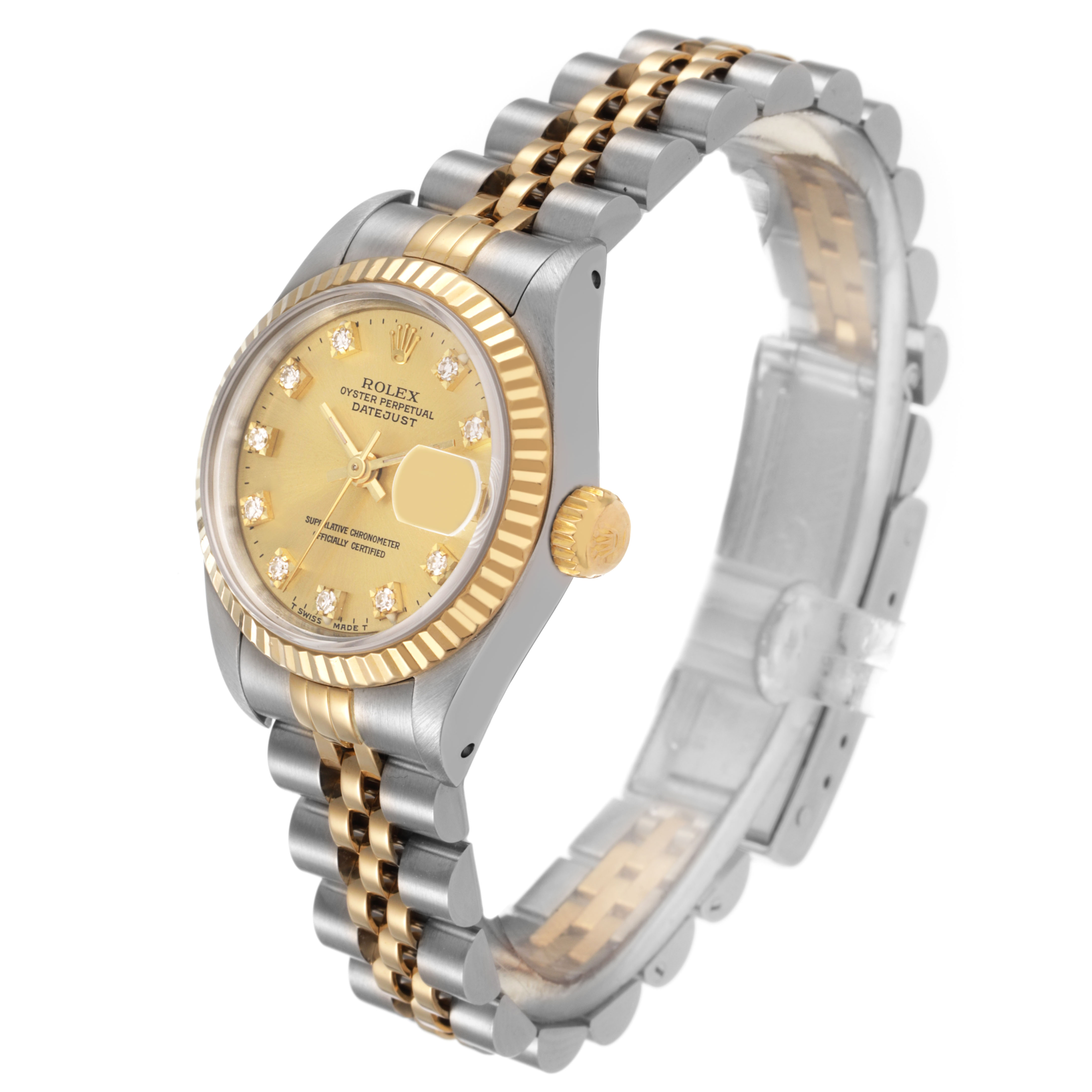 The Rolex Datejust 69173 Women's Steel and Gold (two tone) Champagne Dial watch is shown at a three-quarter angle, highlighting the face, bezel, crown, and two-tone bracelet.
