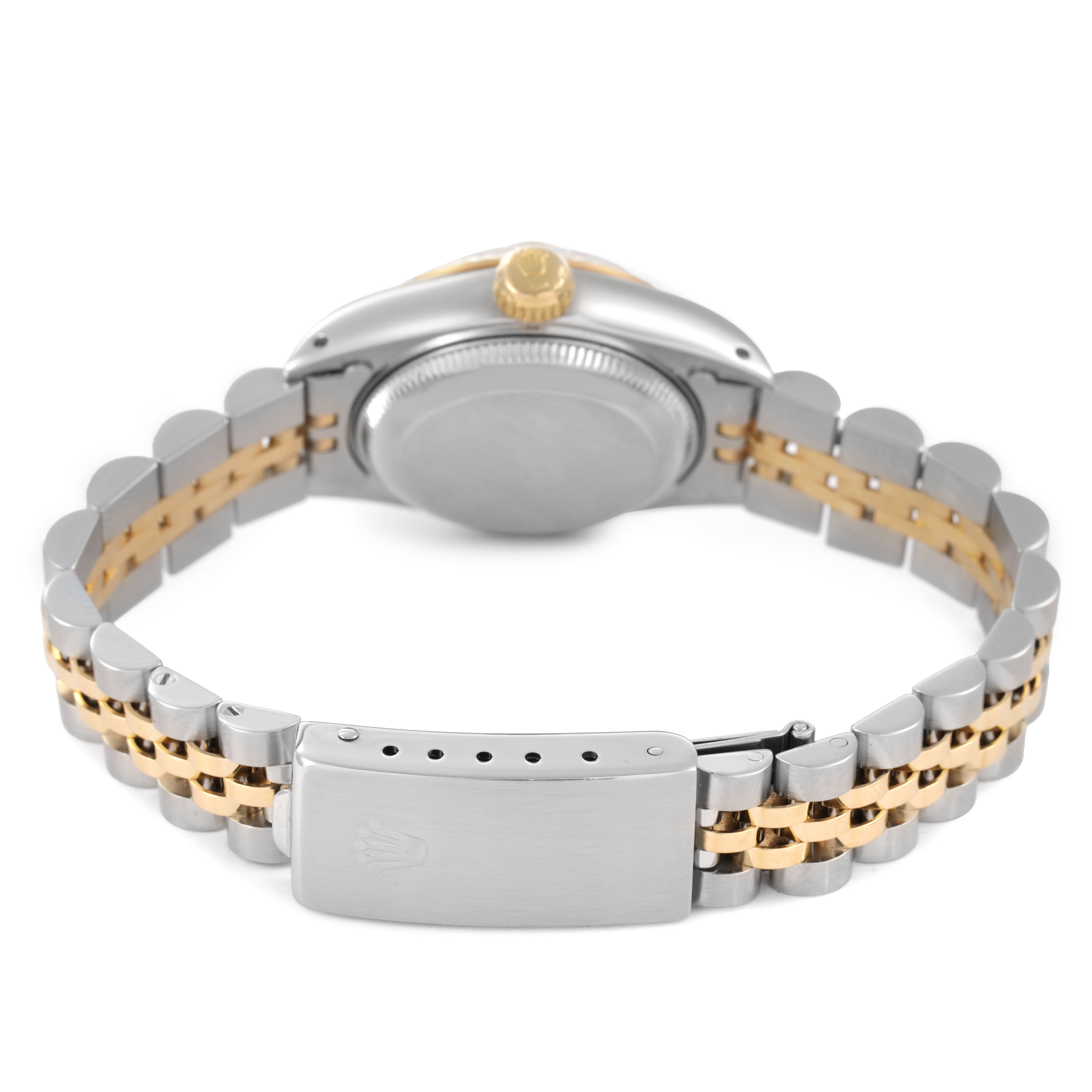 The Rolex Datejust 69173 Women's Steel and Gold (two tone) Champagne Dial watch is shown from the rear, highlighting the case back, crown, and two-tone bracelet with clasp.