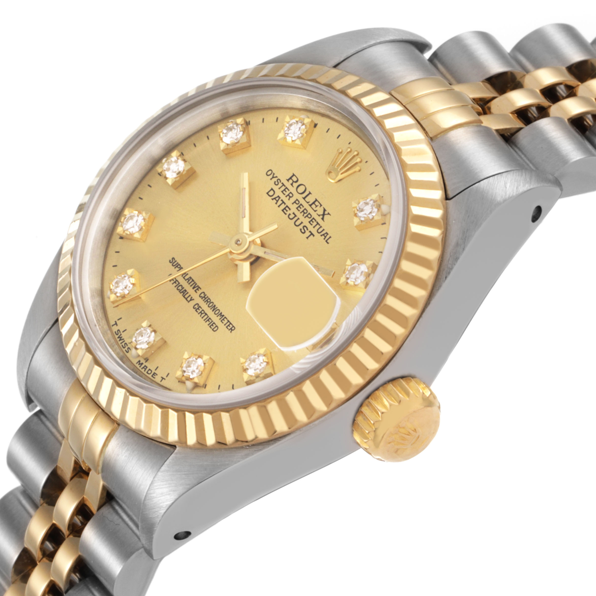 The Rolex Datejust 69173 Women's Steel and Gold (two tone) Champagne Dial watch is shown at an angle displaying the gold dial, fluted bezel, crown, and two-tone bracelet.