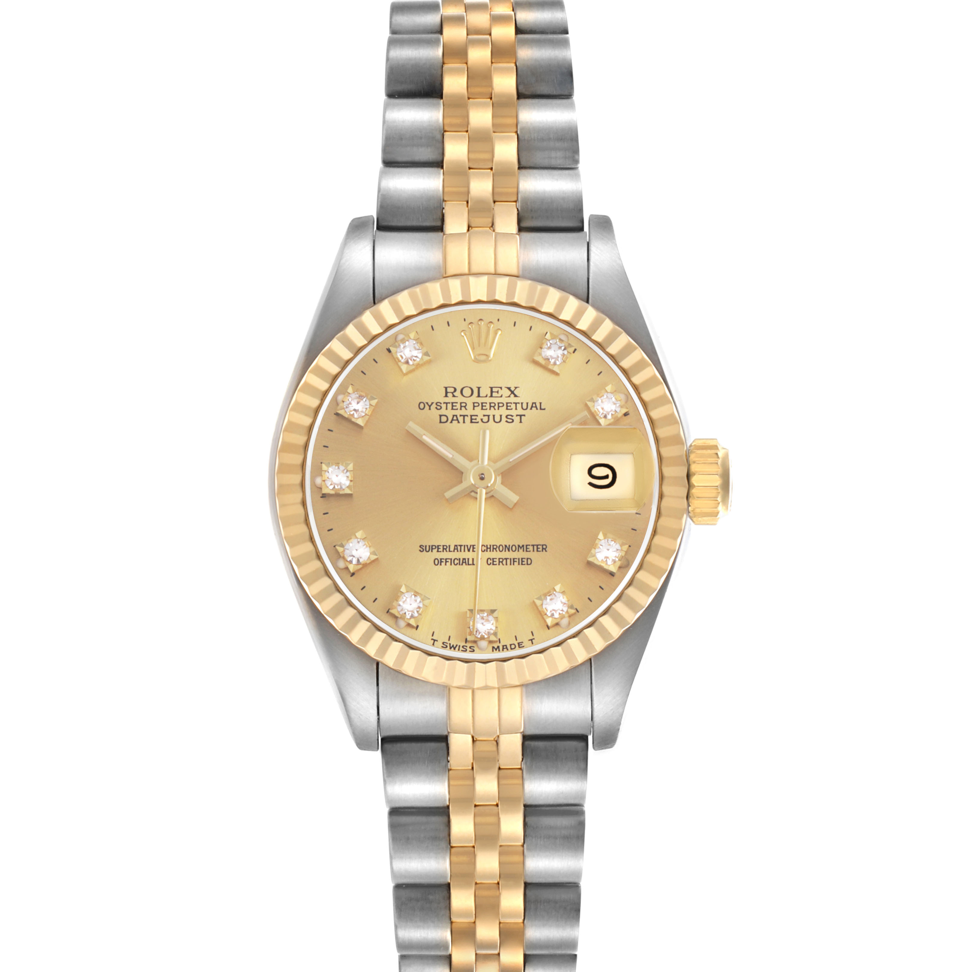 The Rolex Datejust 69173 Women's Steel and Gold (two tone) Champagne Dial watch is shown from a top-down angle, displaying its dial, bezel, crown, and bracelet.