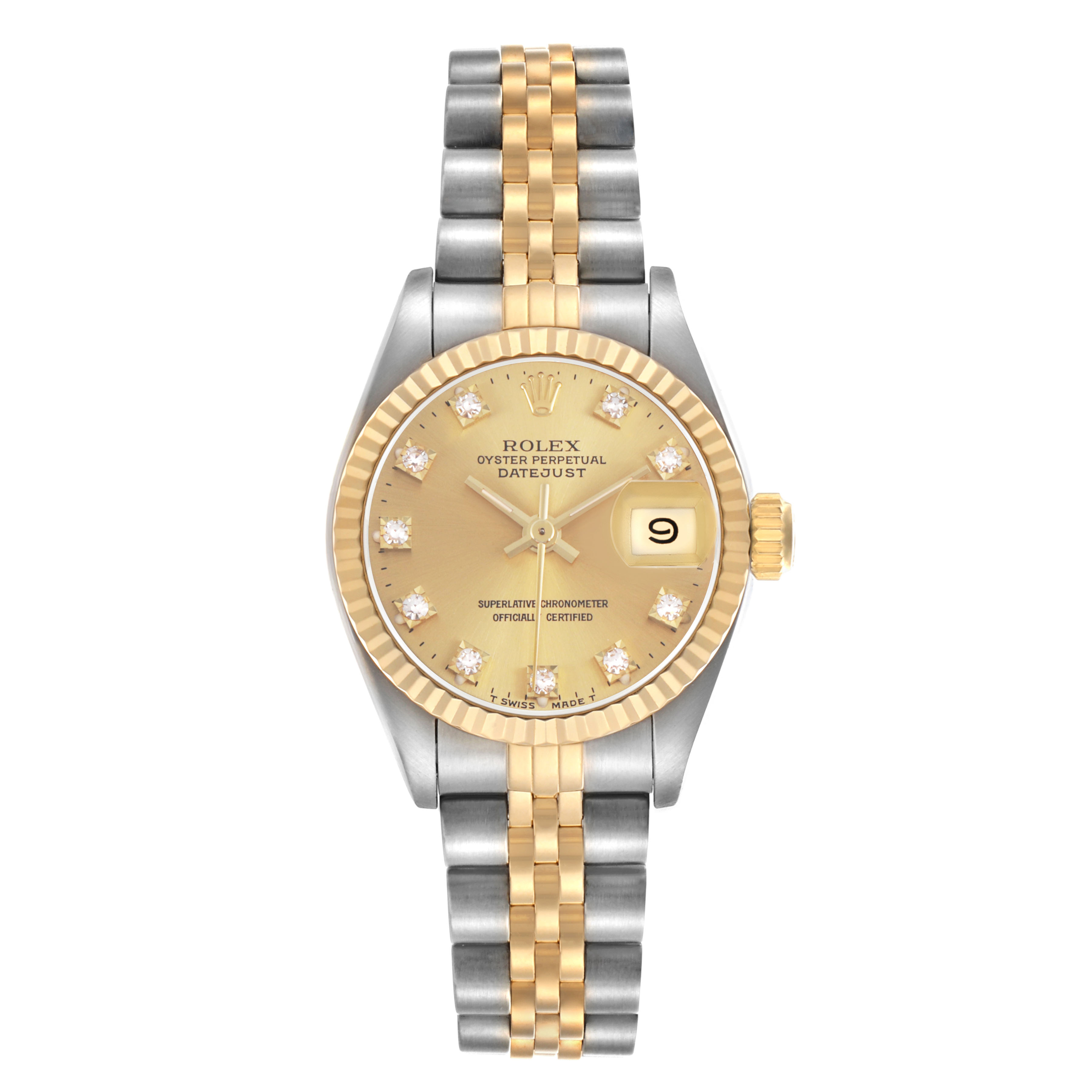 The Rolex Datejust 69173 Women's Steel and Gold (two tone) Champagne Dial watch is shown from the front, featuring its dial, bezel, bracelet, and date function.