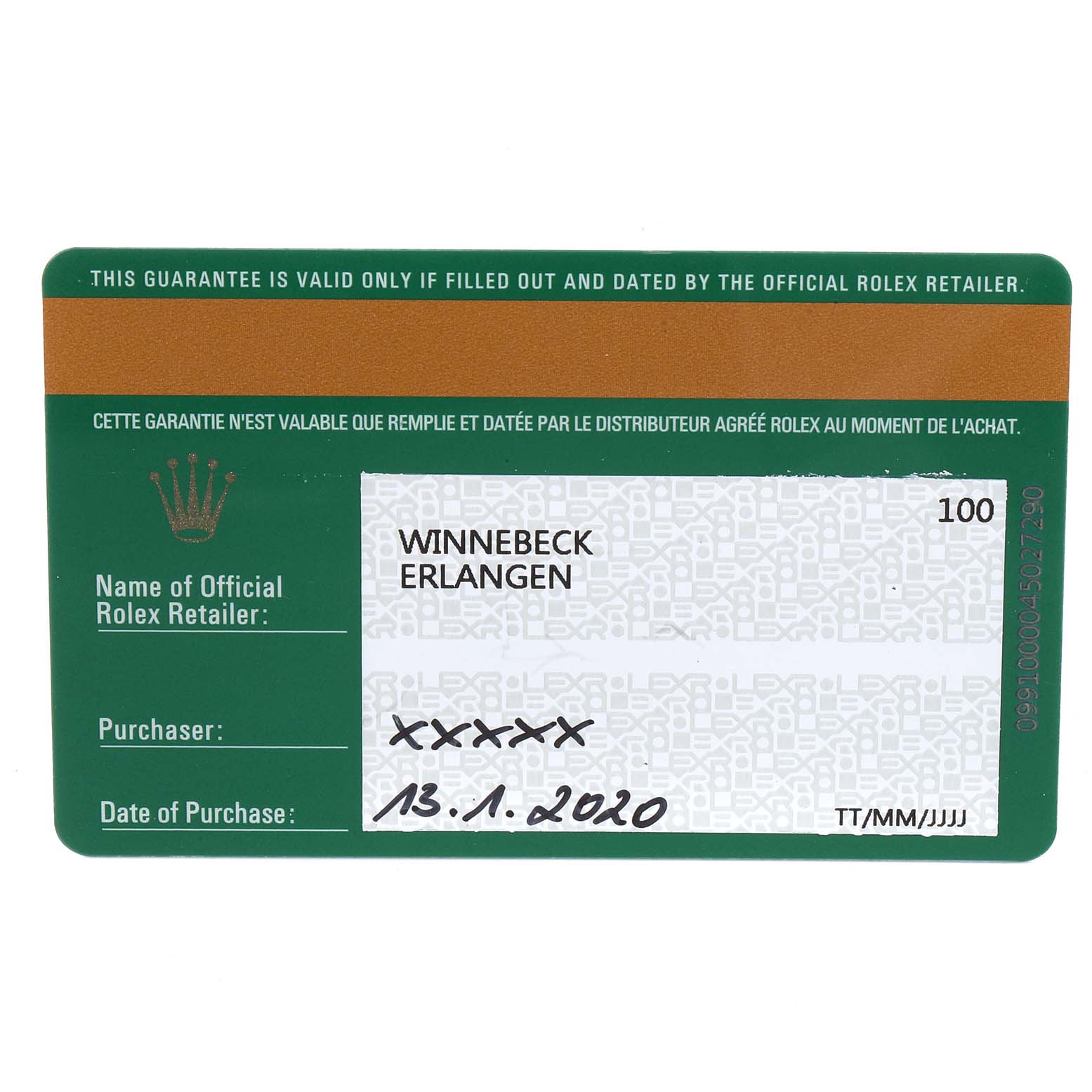 This is a guarantee card for the Rolex Datejust 279160 Women
s Stainless Steel Silver Dial 279160 Women
s Stainless Steel Silver Dial model showing details such as the retailer’s name and purchase date.