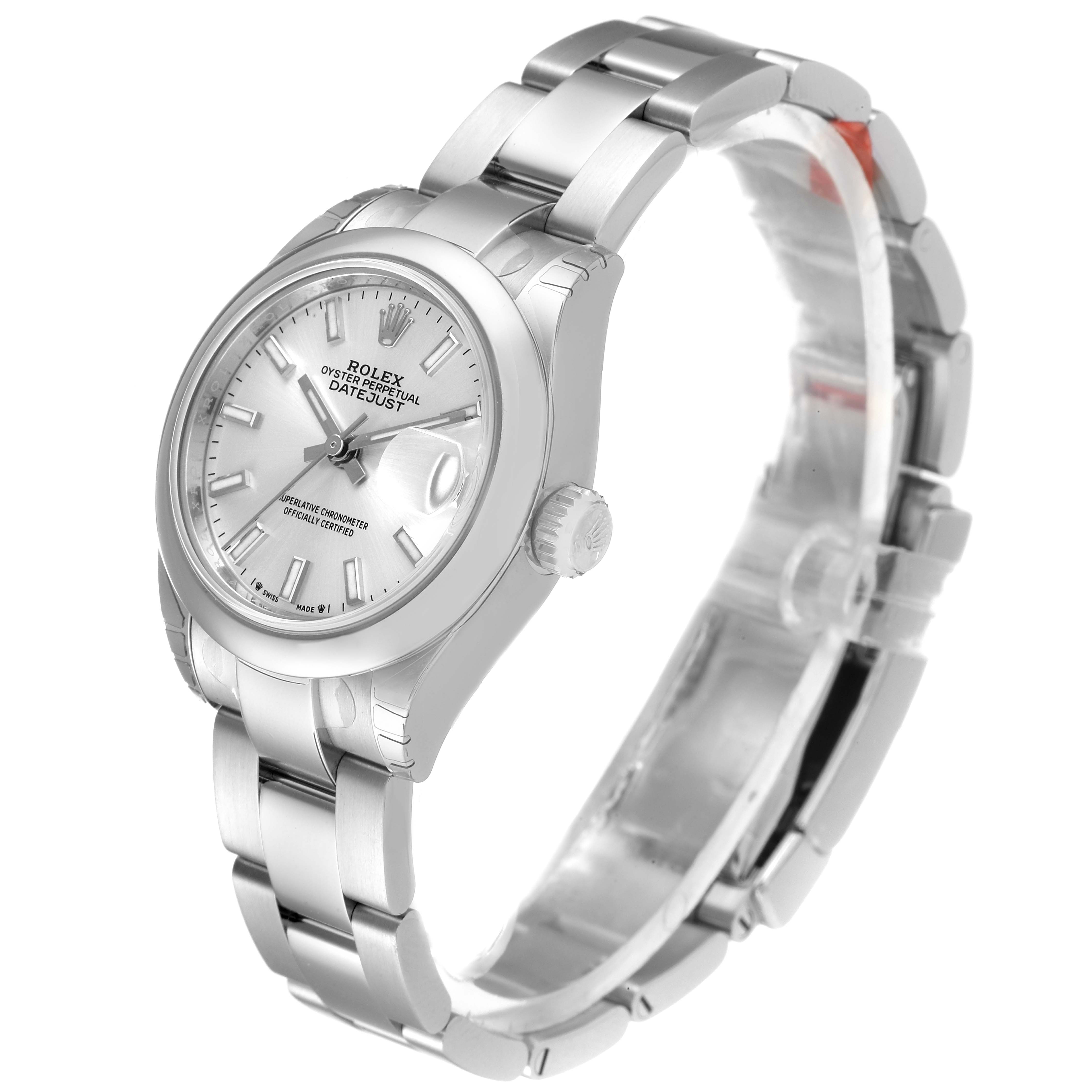 The image shows a side and partial front view of a Rolex Datejust 279160 Women
s Stainless Steel Silver Dial 279160 Women
s Stainless Steel Silver Dial watch, highlighting the bracelet, crown, and dial.