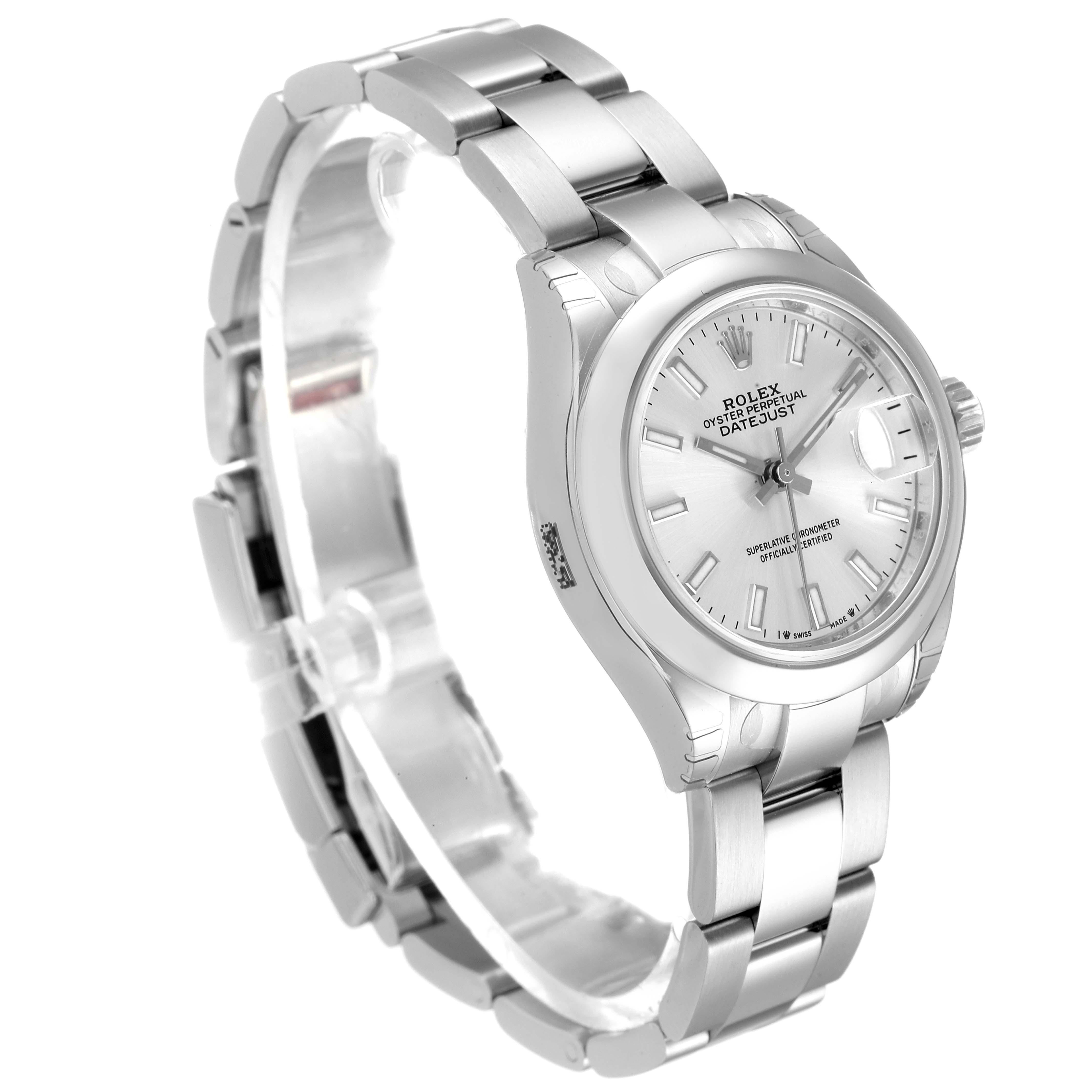 The image shows a Rolex Datejust 279160 Women
s Stainless Steel Silver Dial 279160 Women
s Stainless Steel Silver Dial watch from a left-side angle, including the dial, bracelet, and crown.