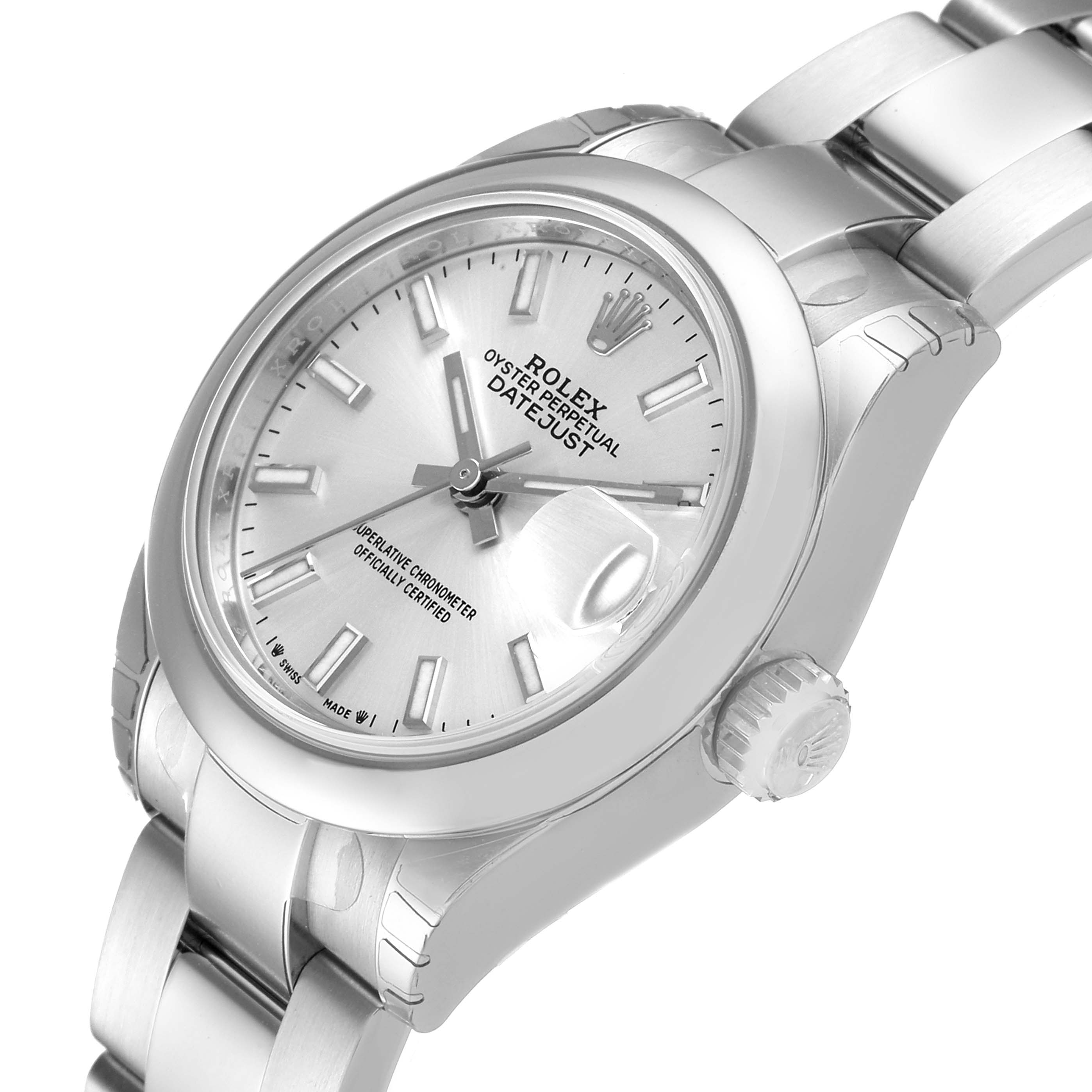 The image shows a close-up angle of the Rolex Datejust 279160 Women
s Stainless Steel Silver Dial 279160 Women
s Stainless Steel Silver Dial watch face, crown, and part of the bracelet.