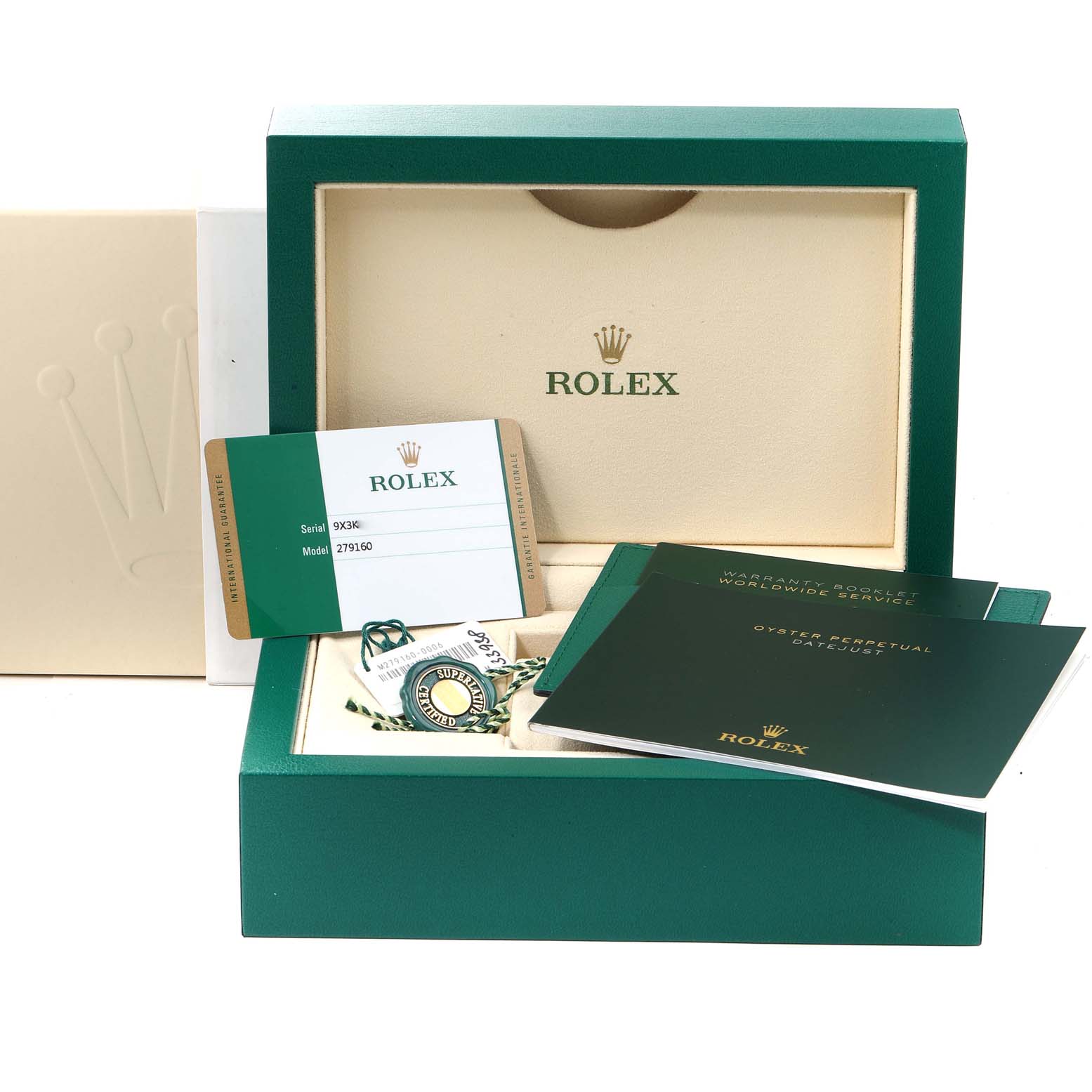 The image shows the packaging, warranty booklet, serial/model card, and accessories for a Rolex Datejust 279160 Women
s Stainless Steel Silver Dial 279160 Women
s Stainless Steel Silver Dial.