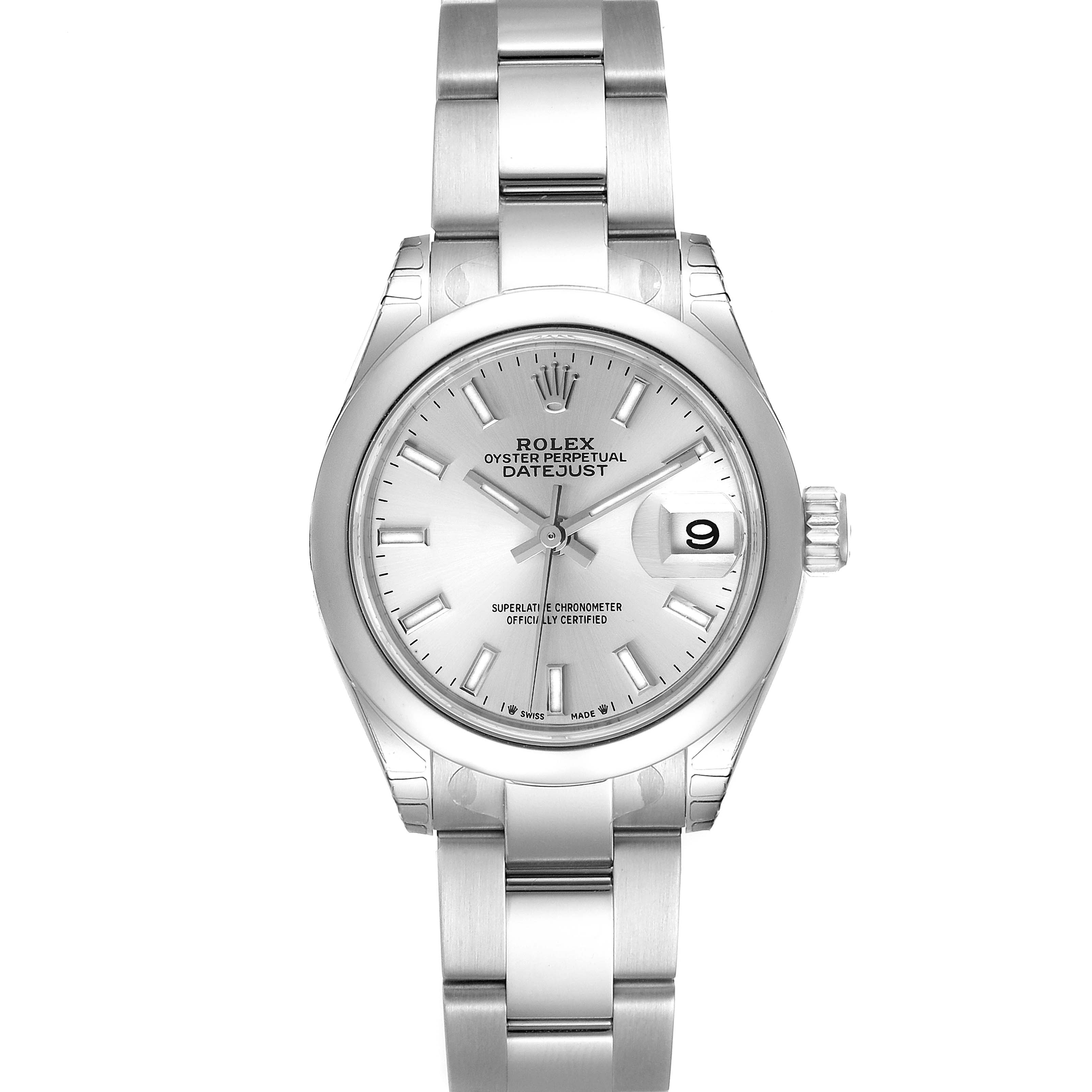 The Rolex Datejust 279160 Women
s Stainless Steel Silver Dial 279160 Women
s Stainless Steel Silver Dial watch is displayed from a front angle, highlighting its face, bracelet, and crown.