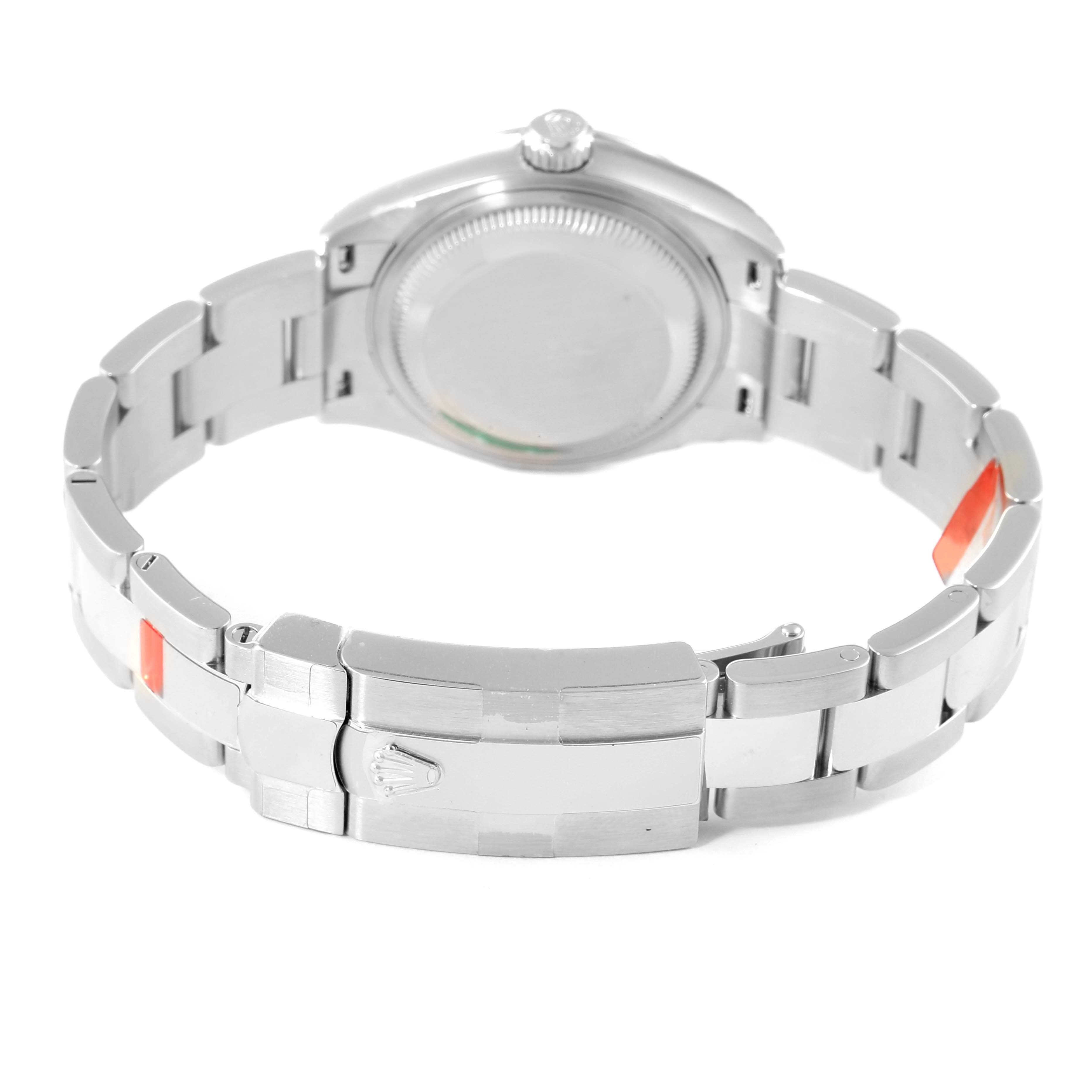 The image shows the back view and bracelet of a Rolex Datejust 279160 Women
s Stainless Steel Silver Dial 279160 Women
s Stainless Steel Silver Dial watch with the clasp open.