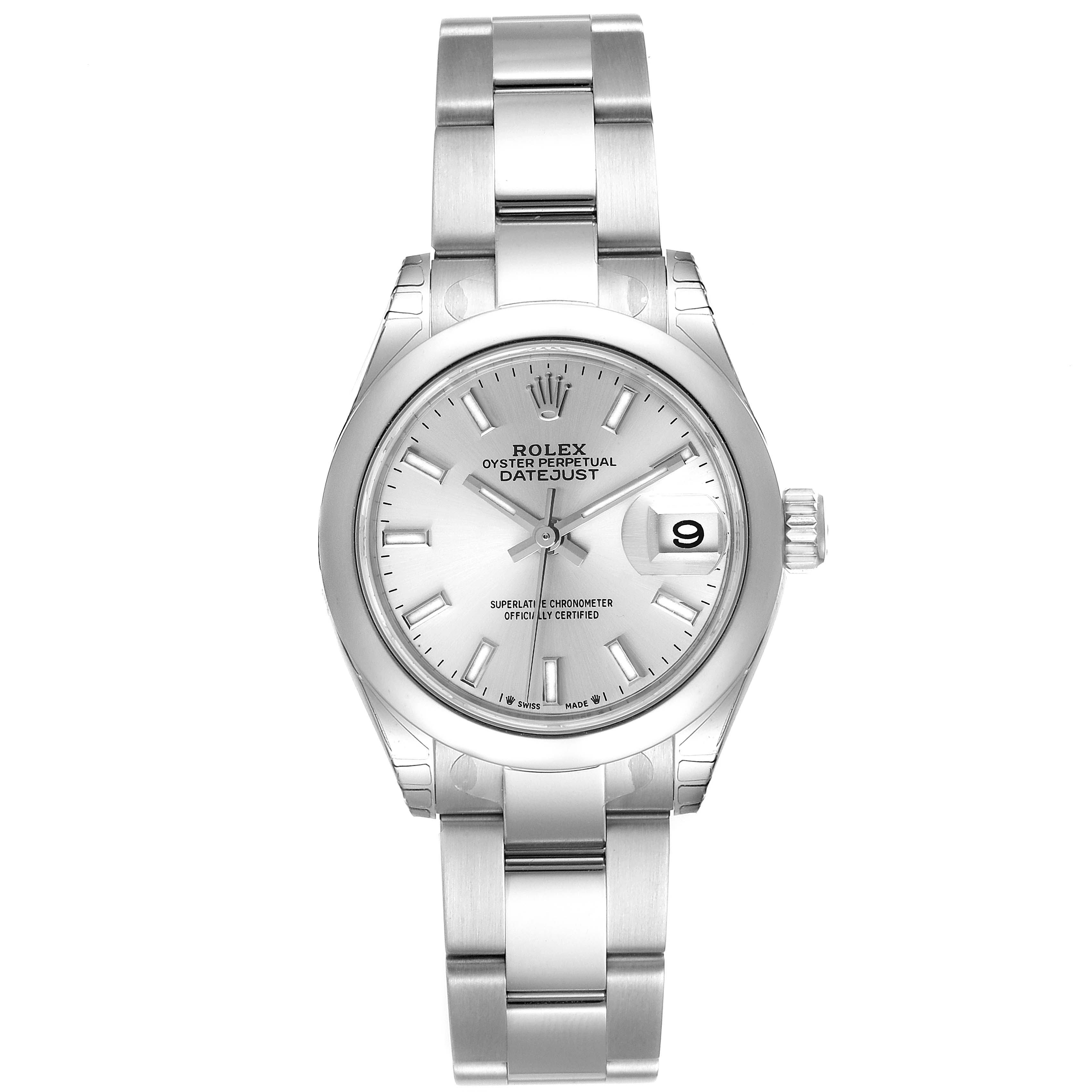 This is a frontal view of a Rolex Datejust 279160 Women
s Stainless Steel Silver Dial 279160 Women
s Stainless Steel Silver Dial watch showing the dial, hands, date window, and bracelet.