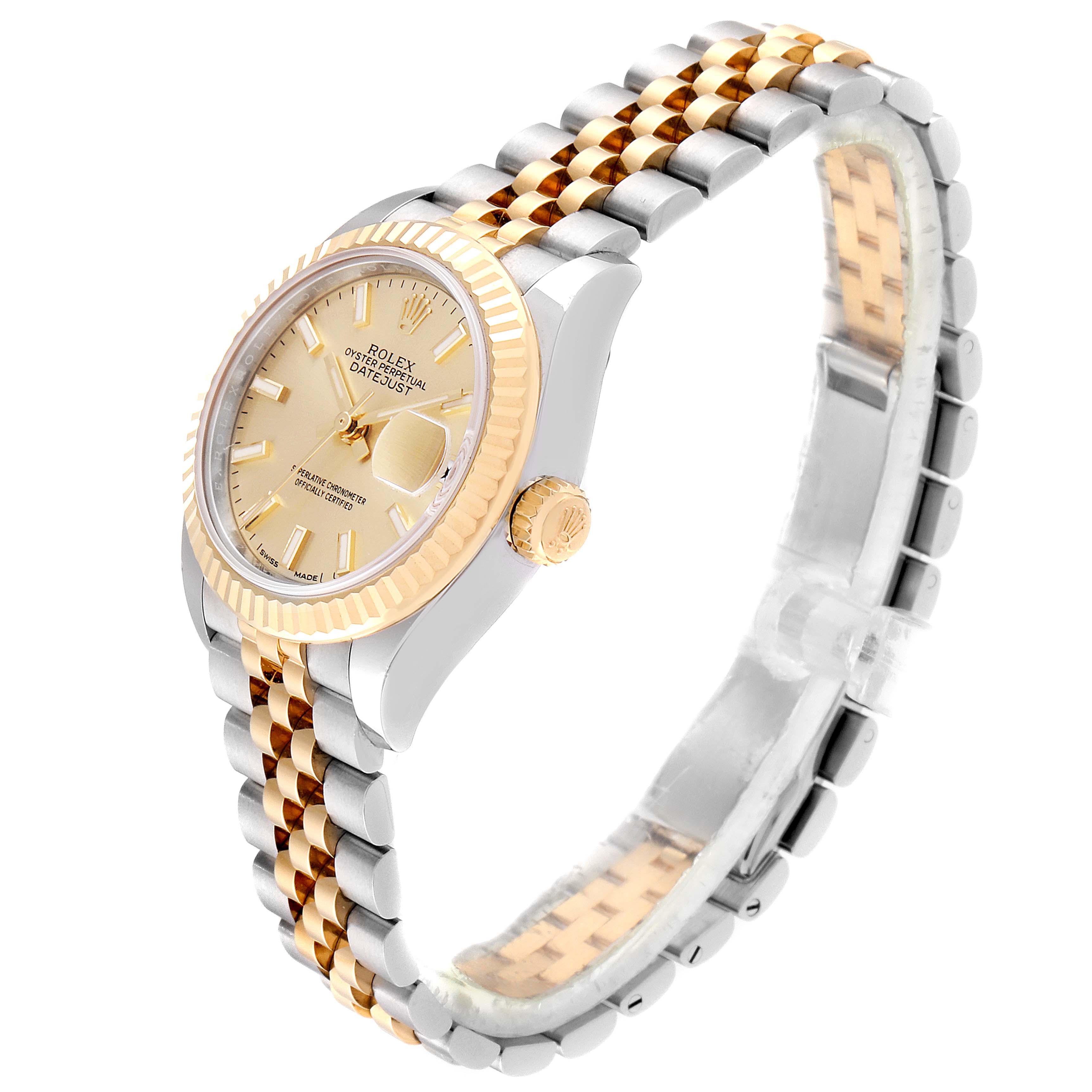 This image shows a side and partial top view of a Rolex Datejust 26216 Men's Steel and Gold (two tone) Champagne Dial 26216 Men's Steel and Gold (two tone) Champagne Dial watch, highlighting its two-tone bracelet and fluted bezel.