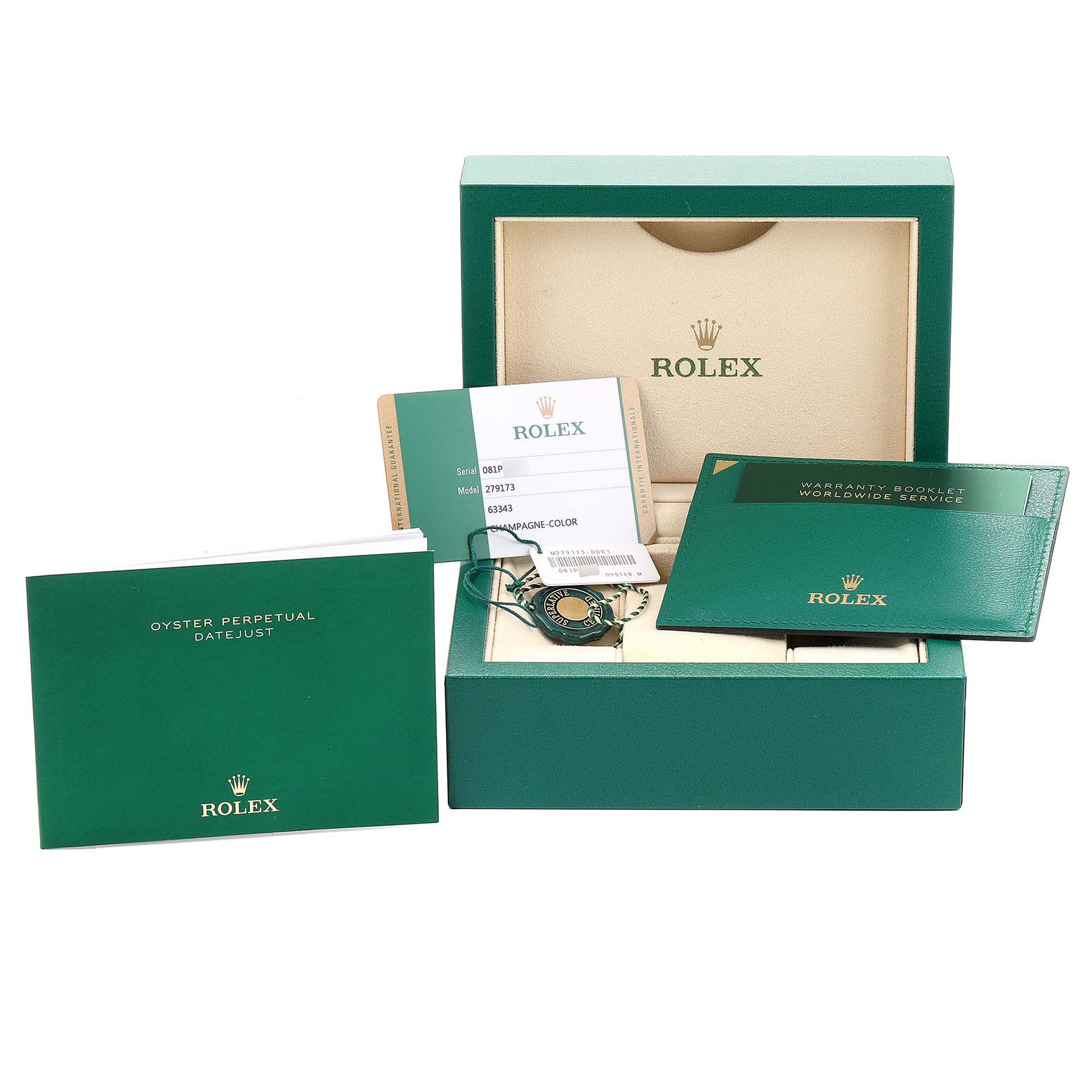 This image shows the packaging and accessories for a Rolex Datejust 26216 Men's Steel and Gold (two tone) Champagne Dial 26216 Men's Steel and Gold (two tone) Champagne Dial watch, including the box, warranty card, and booklets.