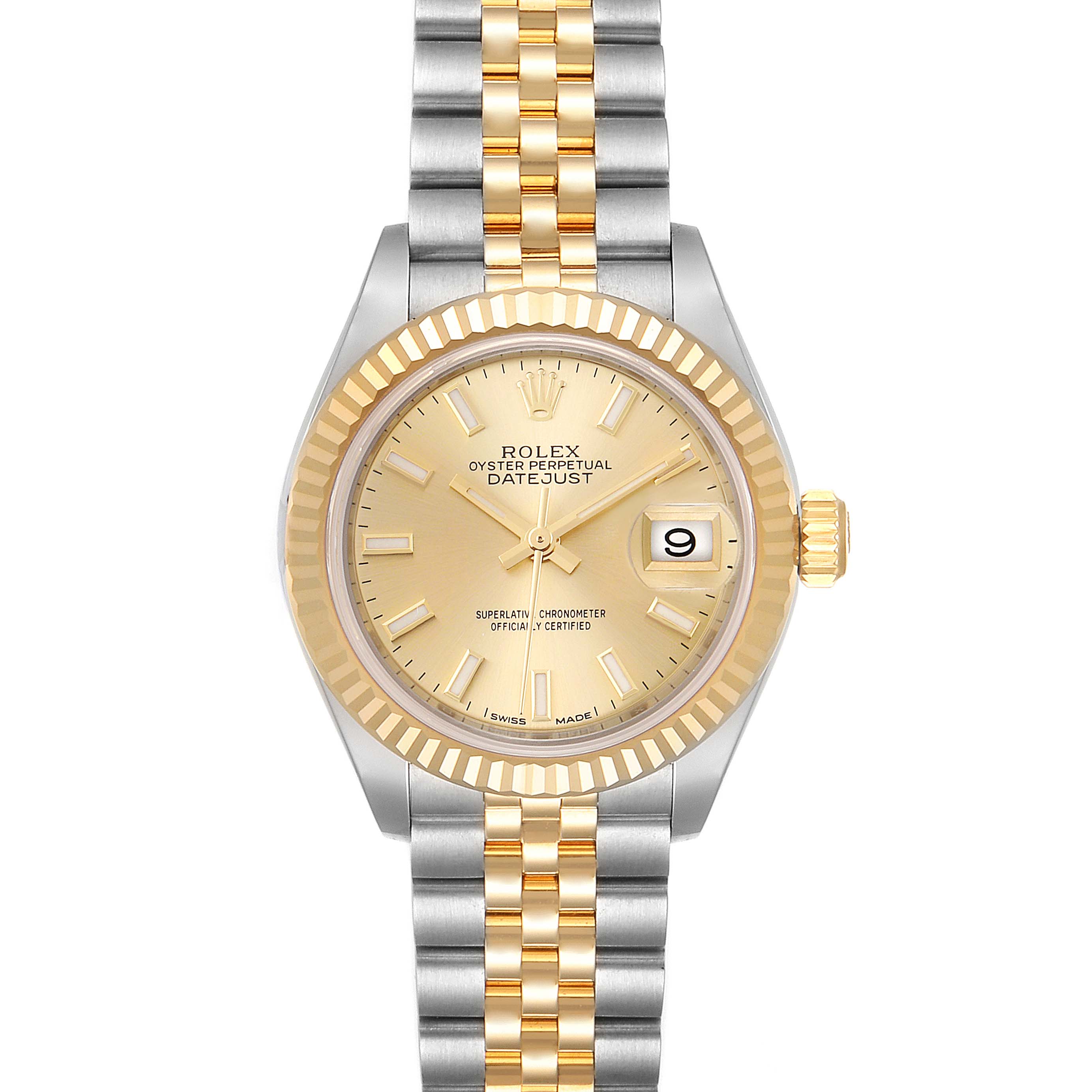 The Rolex Datejust 26216 Men's Steel and Gold (two tone) Champagne Dial 26216 Men's Steel and Gold (two tone) Champagne Dial watch is shown from a front angle, displaying the dial, bezel, and bracelet clearly.