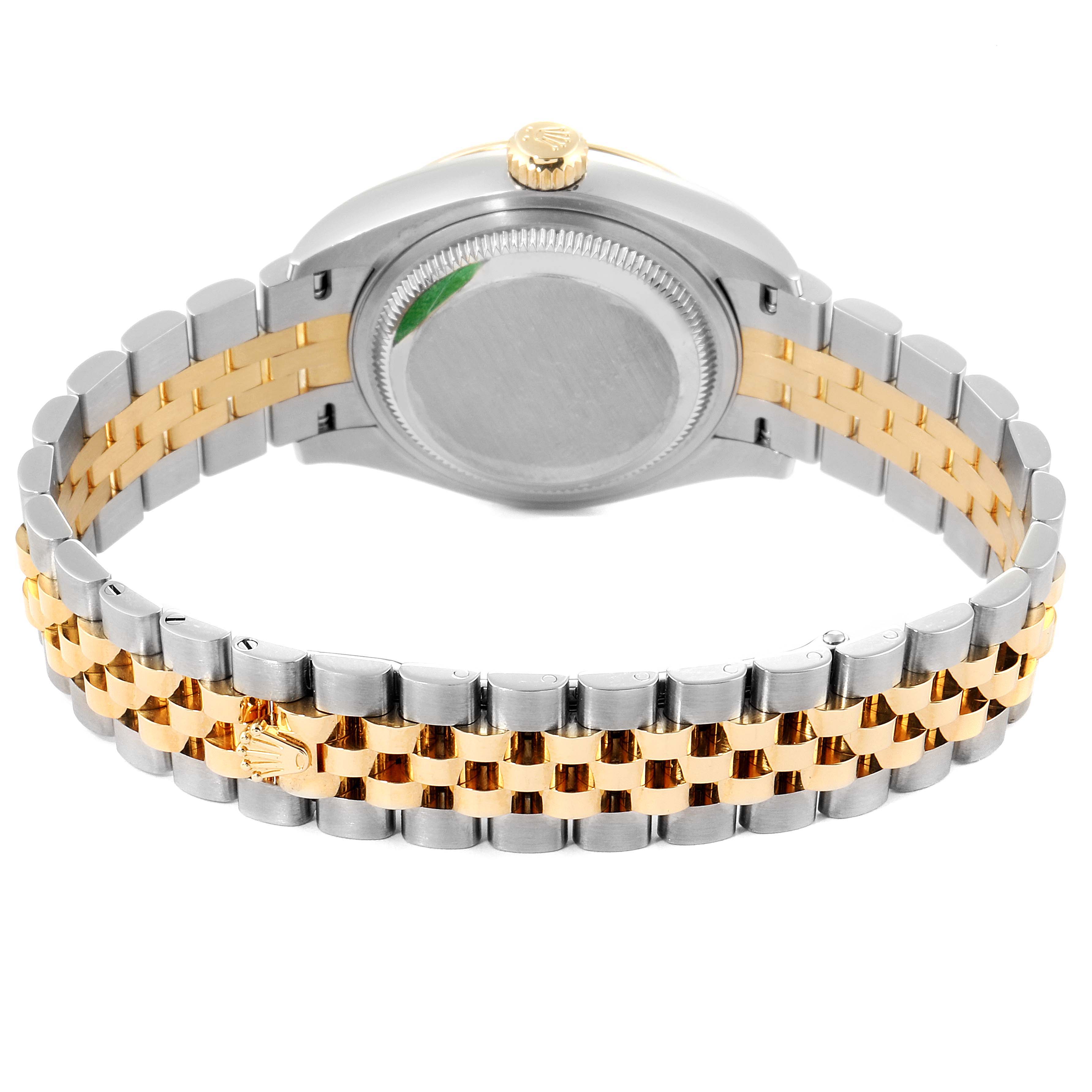 This image shows the back view of a Rolex Datejust 26216 Men's Steel and Gold (two tone) Champagne Dial 26216 Men's Steel and Gold (two tone) Champagne Dial watch, focusing on its two-tone bracelet, case back, and crown.