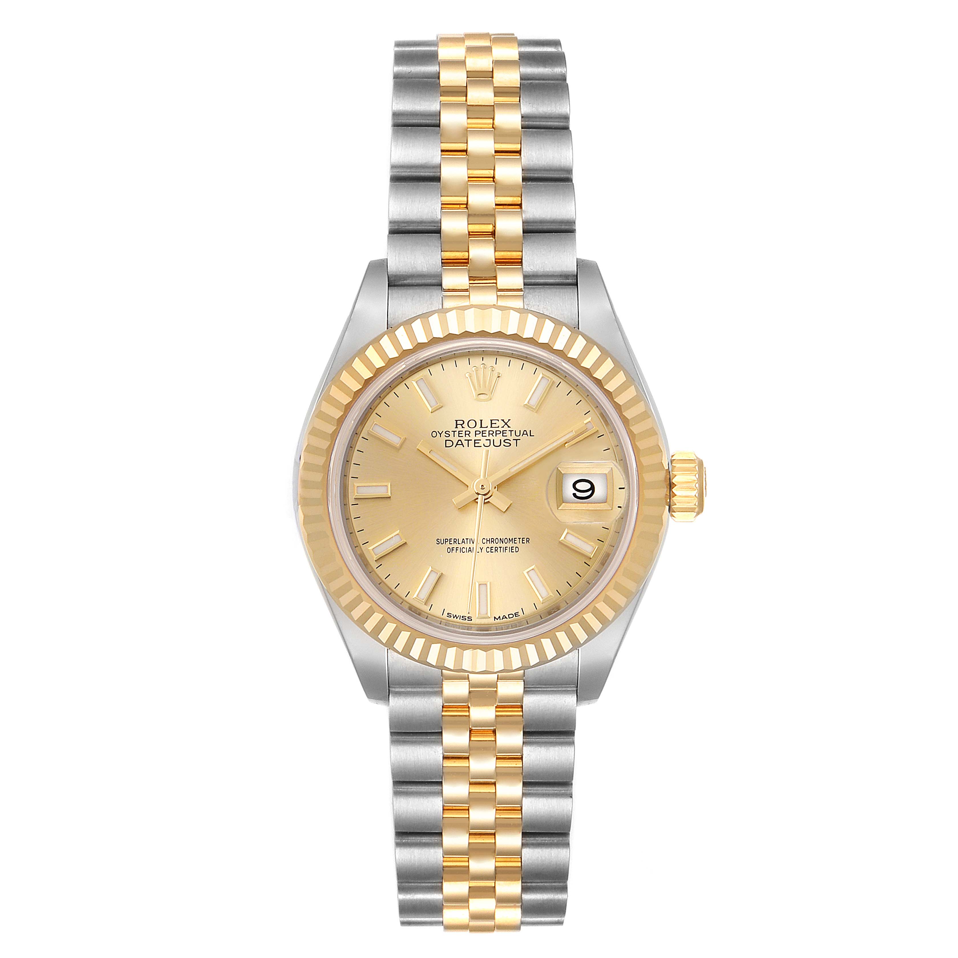The image shows a frontal view of the Rolex Datejust 26216 Men's Steel and Gold (two tone) Champagne Dial 26216 Men's Steel and Gold (two tone) Champagne Dial watch, featuring its dial, bezel, crown, and two-tone bracelet.