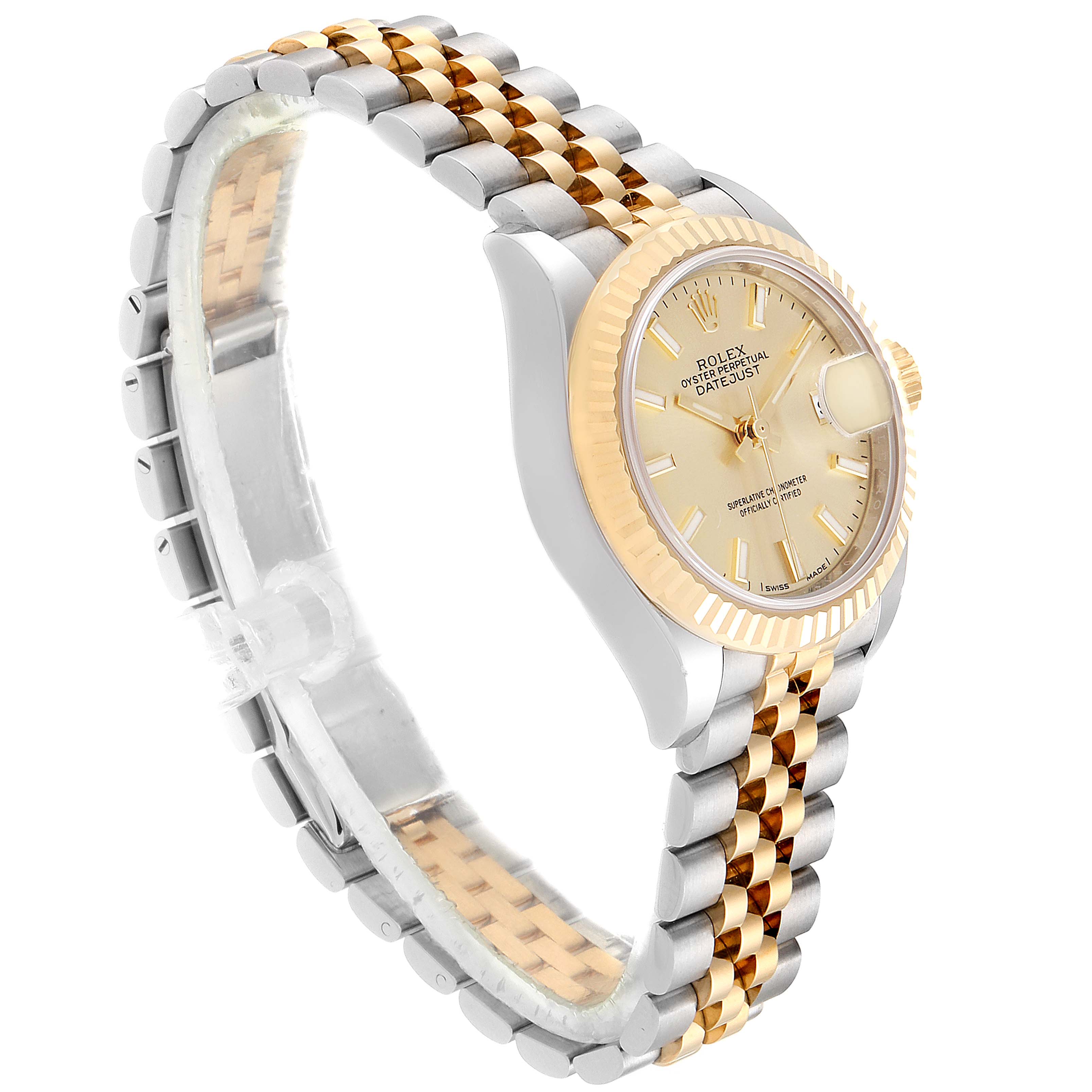 The image shows a side view angle of a Rolex Datejust 26216 Men's Steel and Gold (two tone) Champagne Dial 26216 Men's Steel and Gold (two tone) Champagne Dial watch, highlighting its gold and silver jubilee bracelet and fluted bezel.