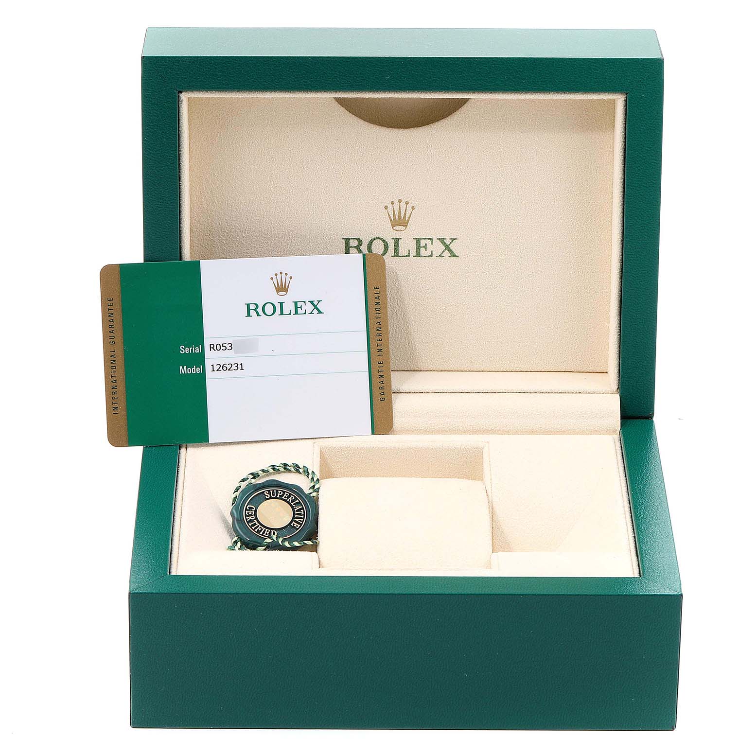 The image shows a Rolex Datejust 126231 Men's Stainless Steel White Dial 126231 Men's Stainless Steel White Dial model box with the warranty card and hang tag inside.