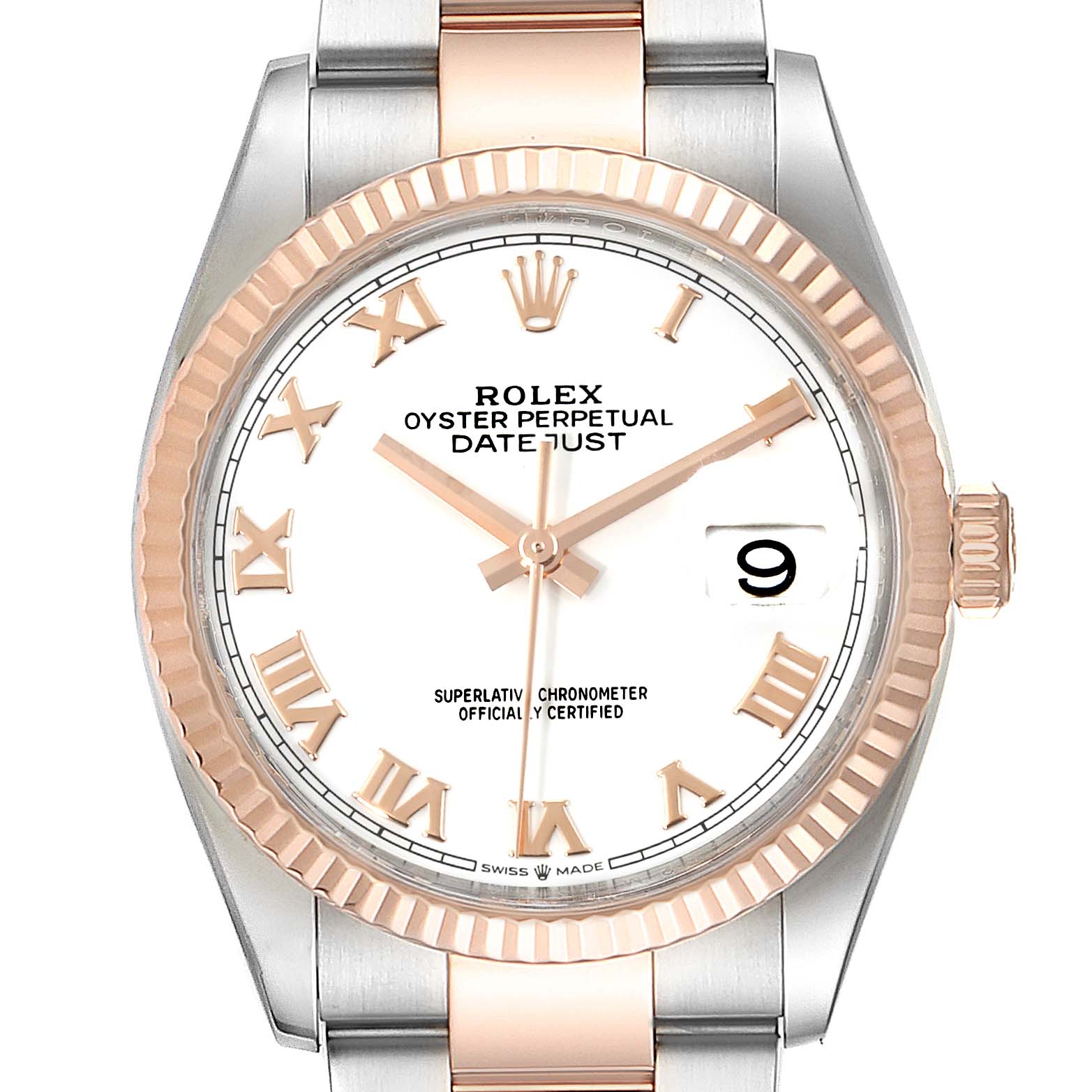 This is a close-up view of the Rolex Datejust 126231 Men's Stainless Steel White Dial 126231 Men's Stainless Steel White Dial watch showing the dial, bezel, and part of the bracelet.