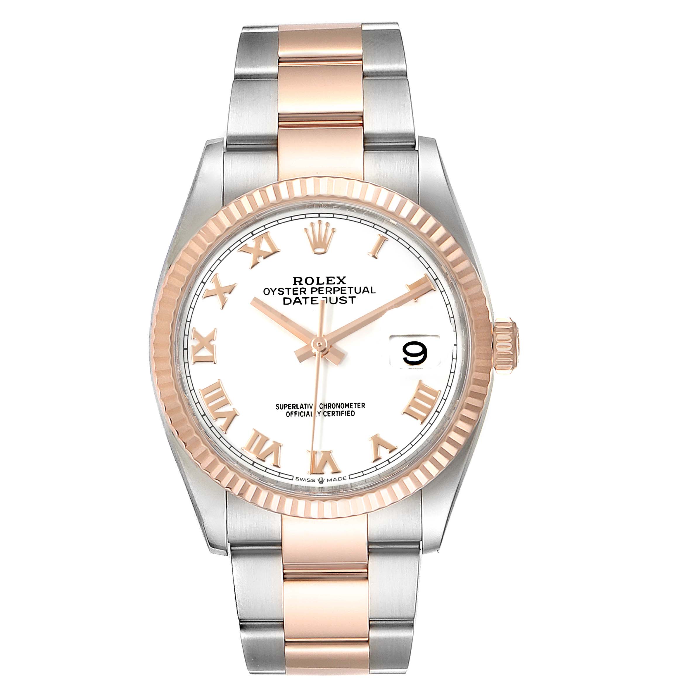 The image shows a front view of a Rolex Datejust 126231 Men's Stainless Steel White Dial 126231 Men's Stainless Steel White Dial watch, highlighting its dial, bezel, and two-tone bracelet.