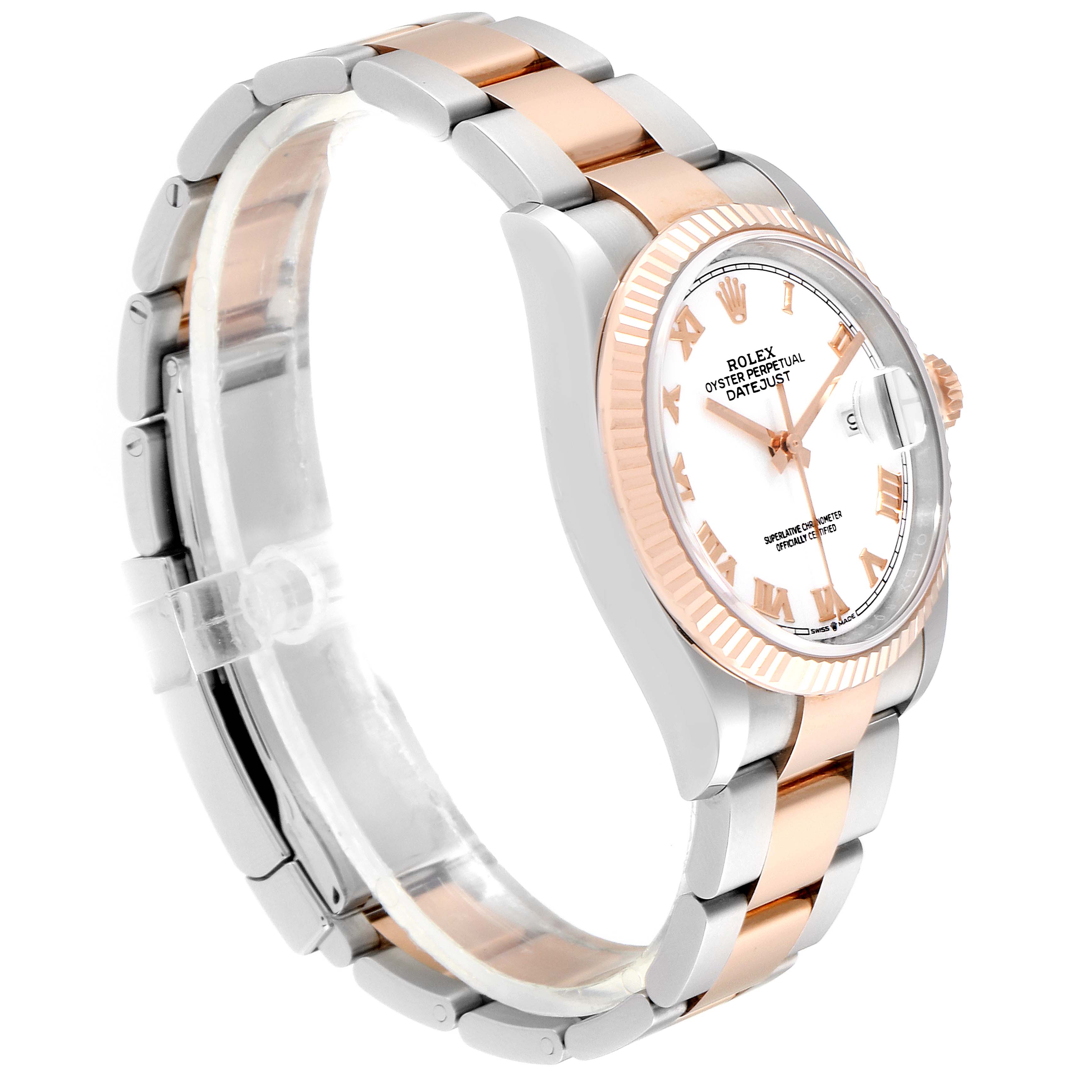 This image shows a side view of the Rolex Datejust 126231 Men's Stainless Steel White Dial 126231 Men's Stainless Steel White Dial watch, highlighting the dial, bezel, crown, and two-tone metal bracelet.