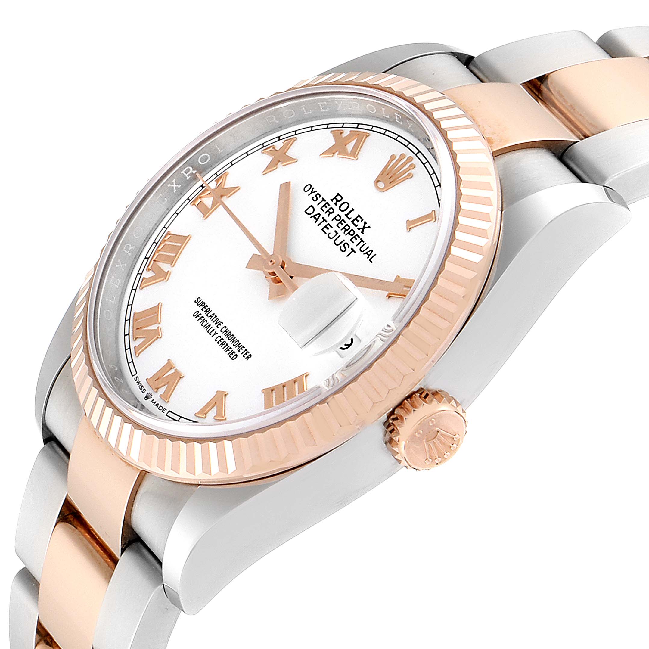 The image shows a close-up side angle of the Rolex Datejust 126231 Men's Stainless Steel White Dial 126231 Men's Stainless Steel White Dial watch, highlighting its dial, bezel, crown, and part of the bracelet.