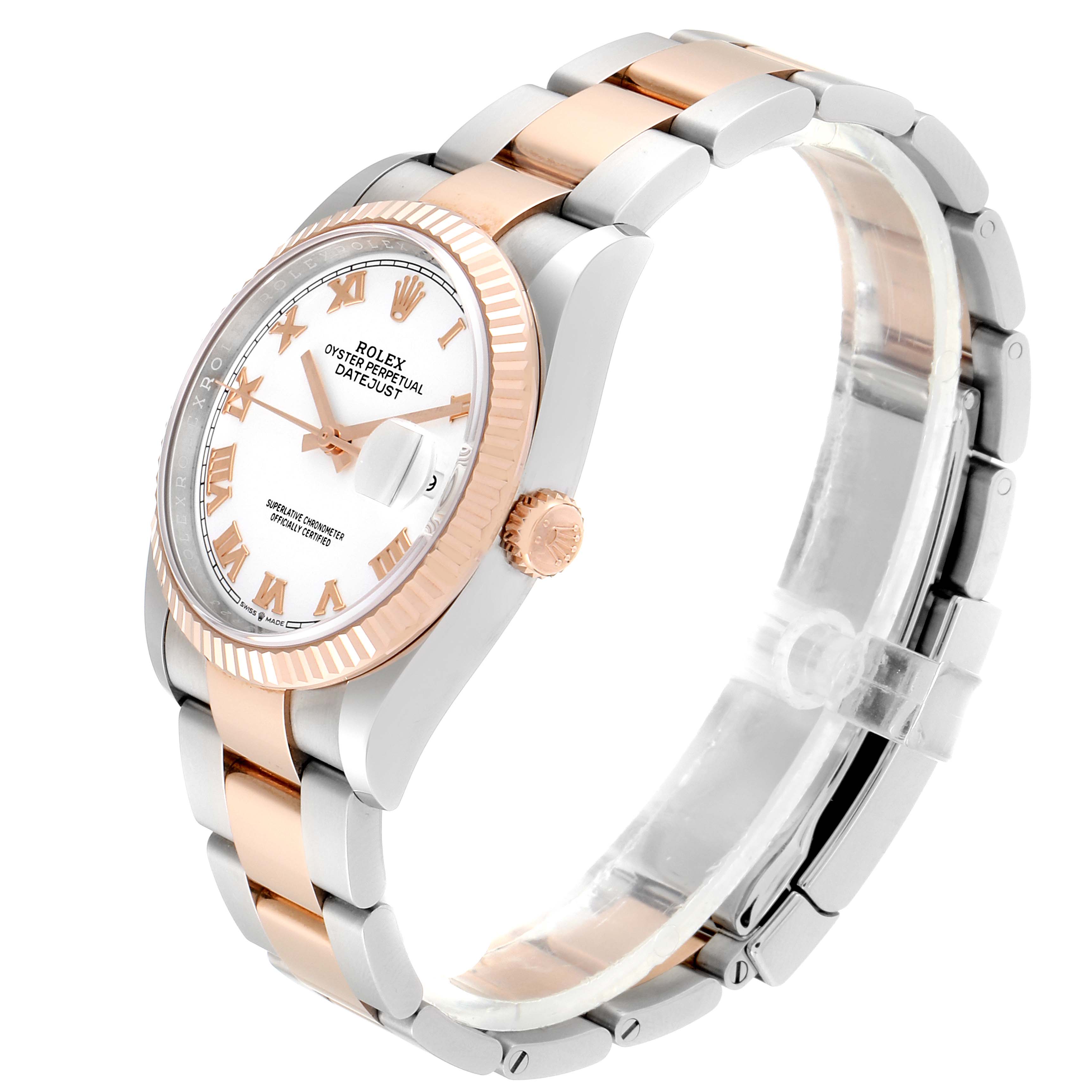 The image shows a side angle of the Rolex Datejust 126231 Men's Stainless Steel White Dial 126231 Men's Stainless Steel White Dial watch, highlighting its gold and silver two-tone bracelet, crown, and fluted bezel.