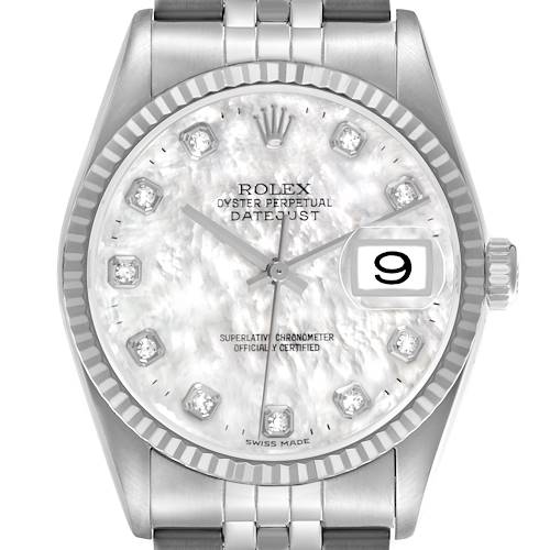 The image shows a front view of the Rolex Datejust 16234 Men's Stainless Steel Mother of Pearl Dial, highlighting the dial, bracelet, and crown.